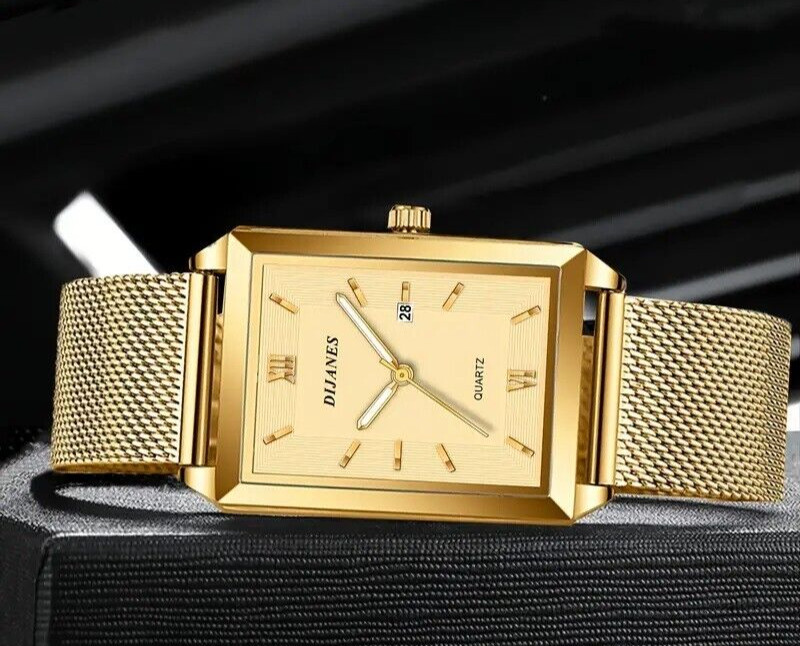 DIJANES Luxury Mens Stainless Steel Square Watch Casual Date Quartz Wristwatch