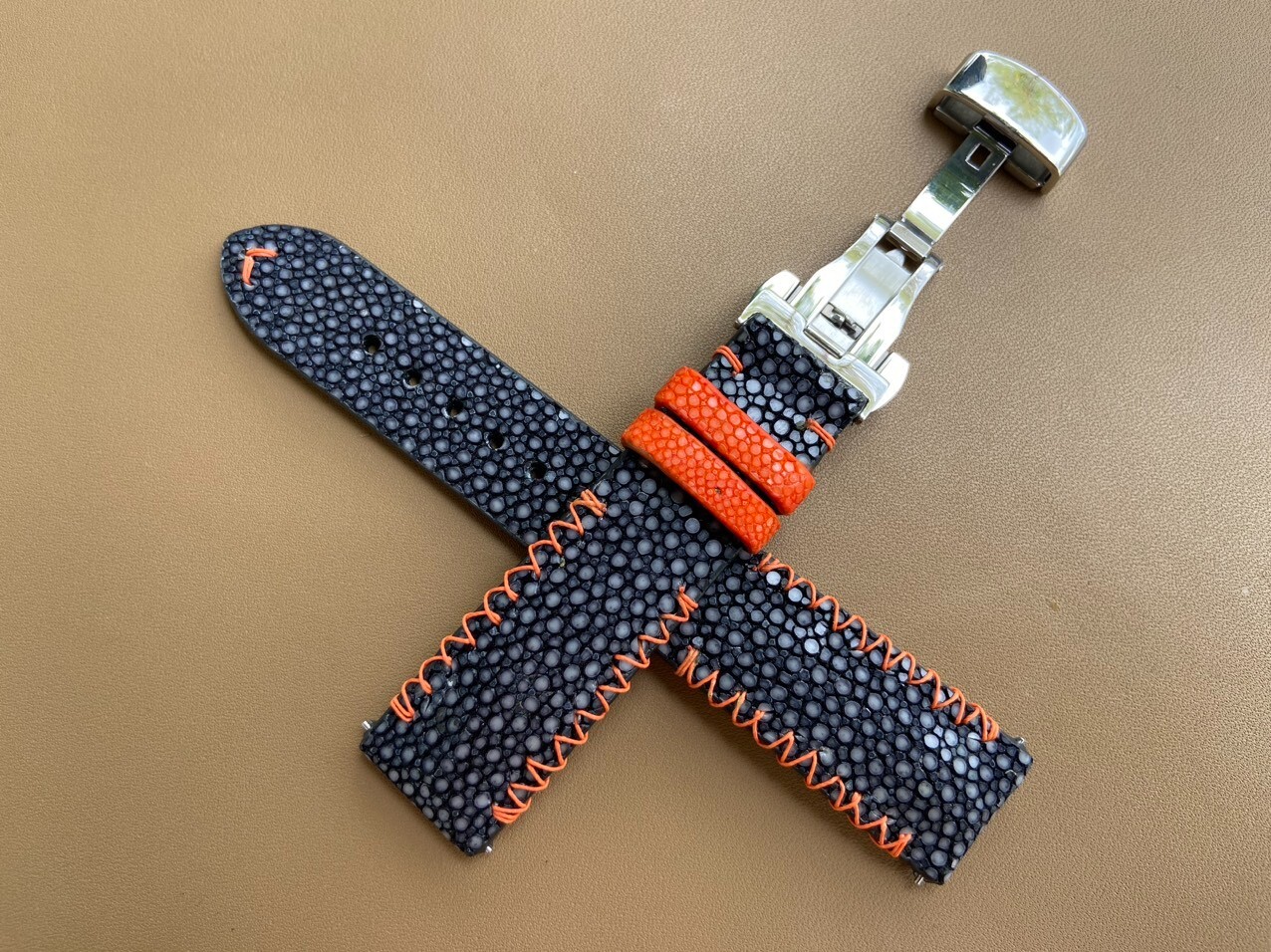 Size 22mm/20mm, Handmade Black Stingray Leather Watch Strap Band, Custom Strap