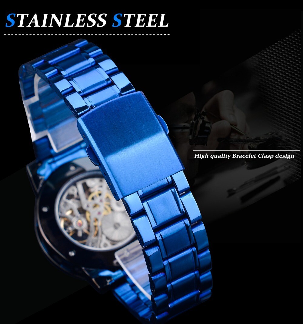 WINNER Luxury Diamond Mens Watch Stainless Steel Skeleton Mechanical Wrist Watch
