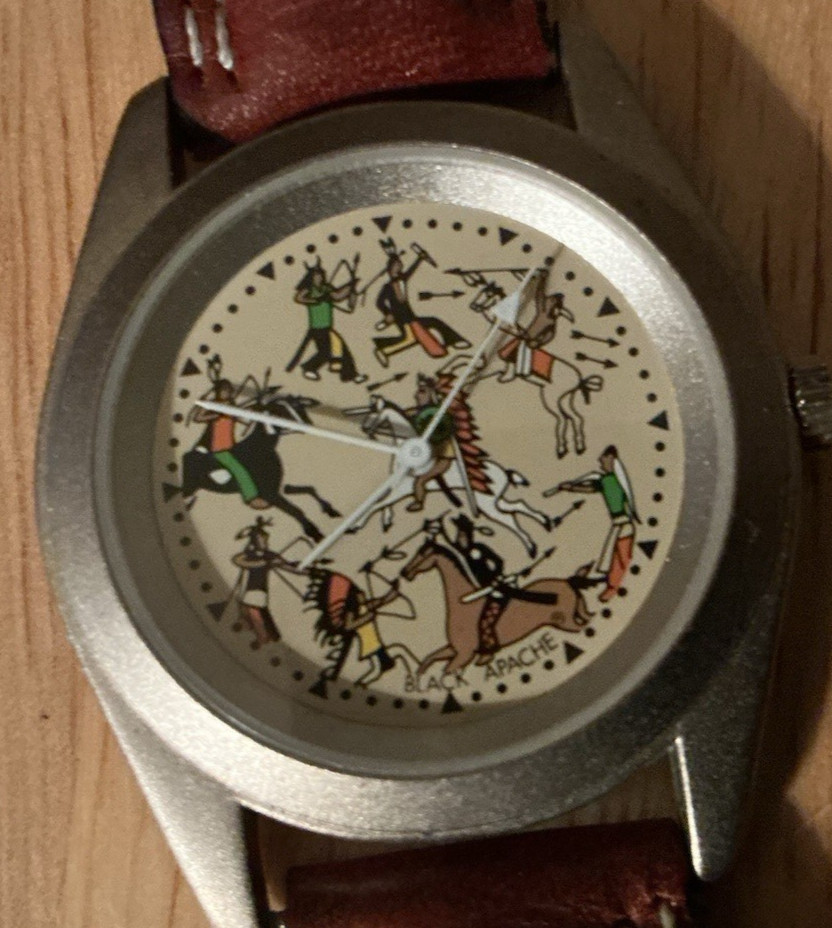 BLACK APACHE WARRIOR WRISTWATCH WITH LEATHER BAND, NEW BATTERY AS SHOWN