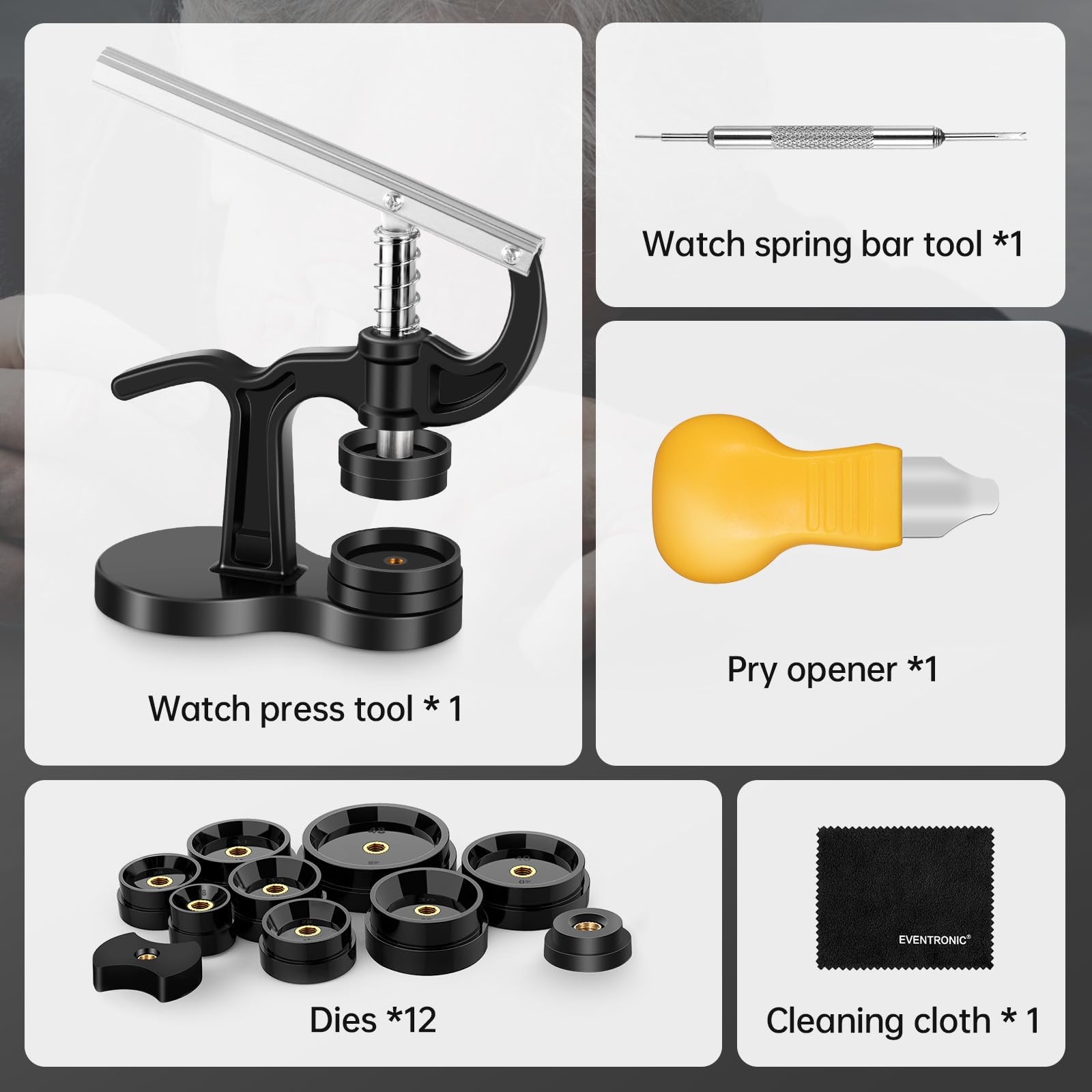 Eventronic 16Pcs Watch Press Tool Set, Back Case Closer for Closing 14PCS