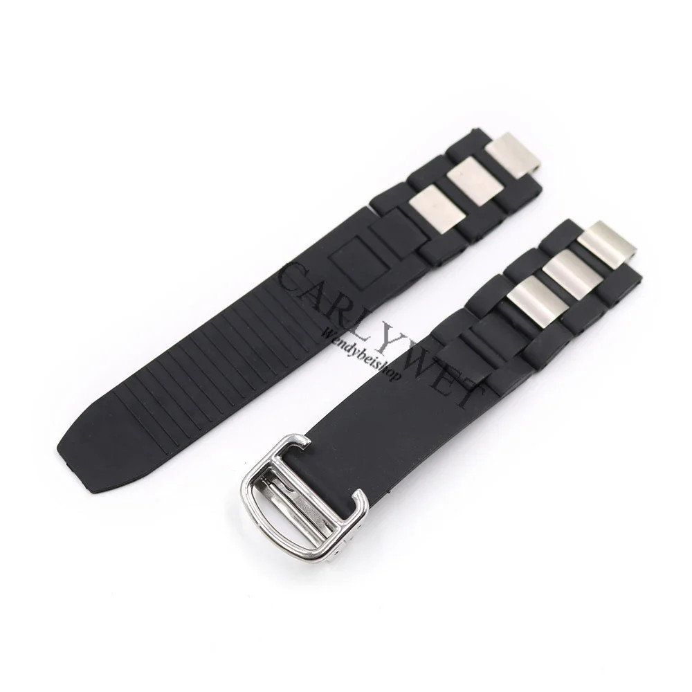 For Cartier 21 Chronoscaph 20mm*10mm Black Rubber Watch Band Strap With Clasp