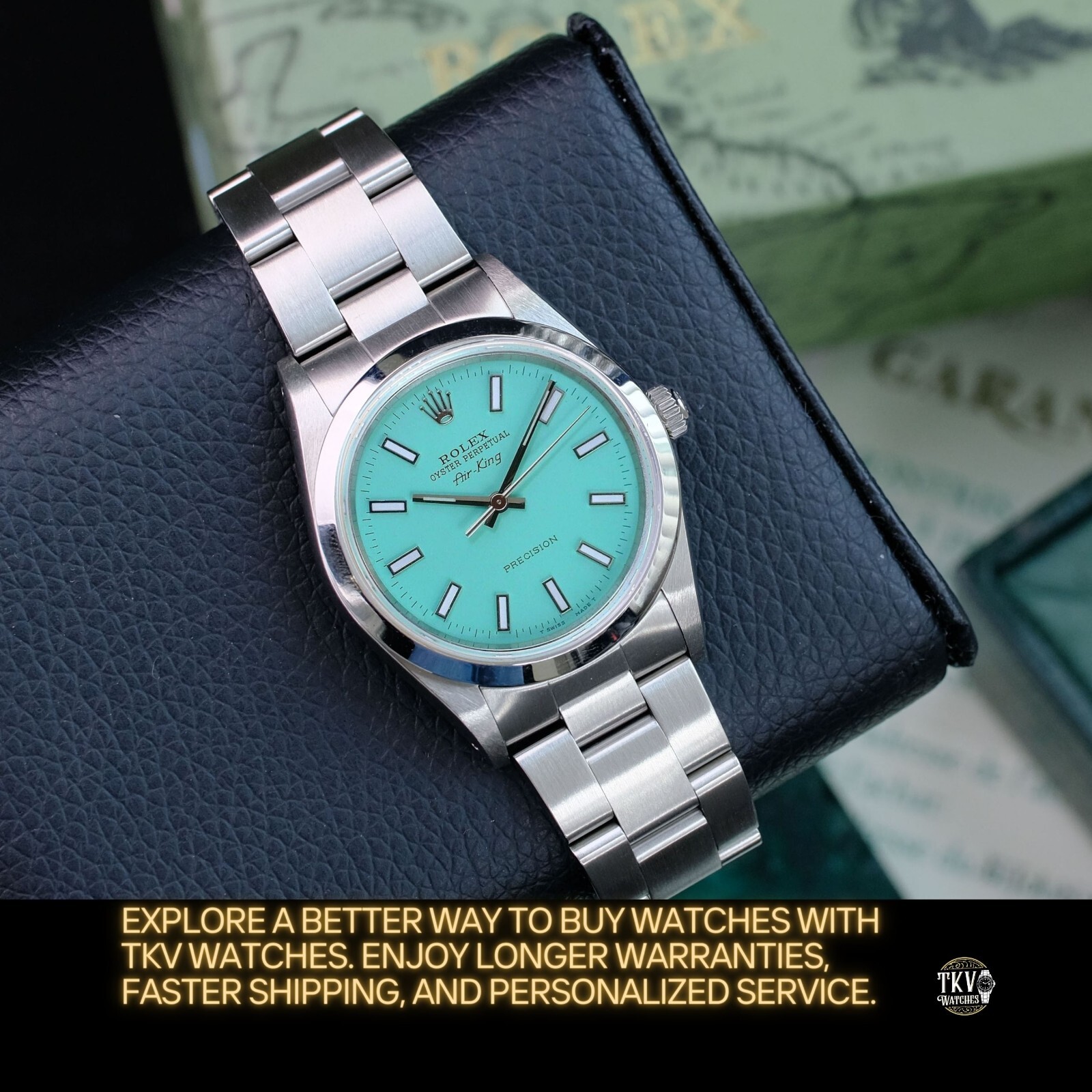 ROLEX MENS AIRKING STEEL CUSTOM TIFFANY DIAL 34MM WATCH ORIGINAL BOX & PAPERS