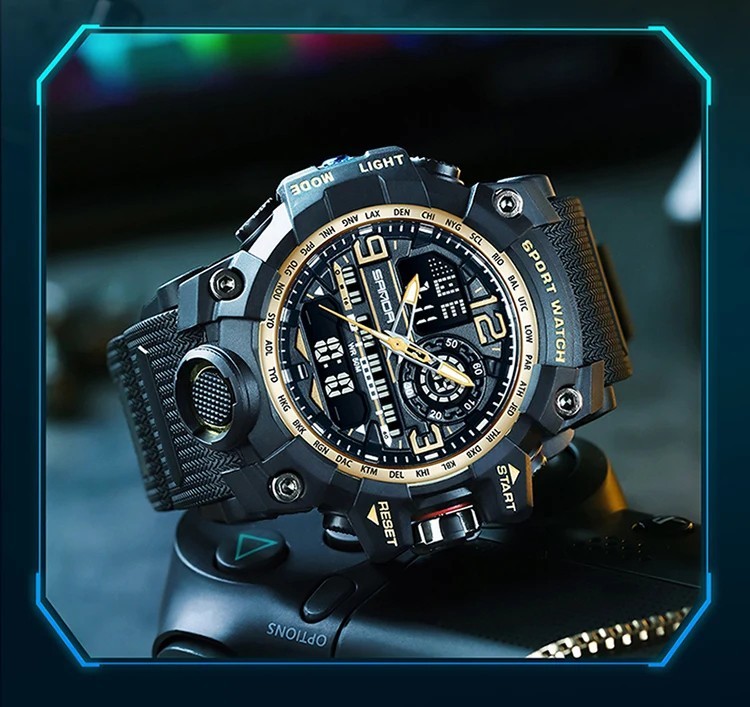 Men’s Sports Outdoor Waterproof Tactical Military Watch Date LED Face Black Gold