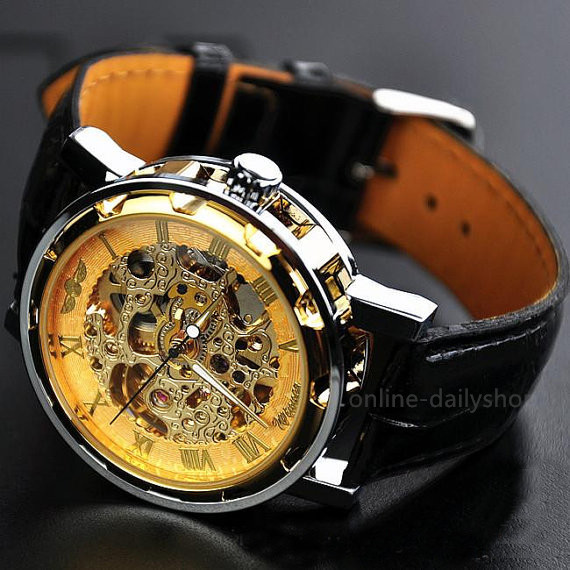 Men Classic Transparent Steampunk Skeleton Mechanical Stainless Steel Watch New