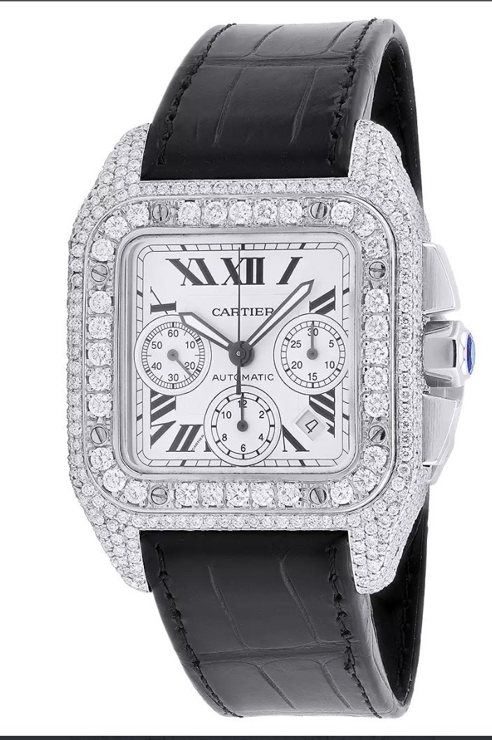 NEW 16TCW Natural Diamond Cartier Santos Large 40mm Full Pave Roman Dial Men’s W