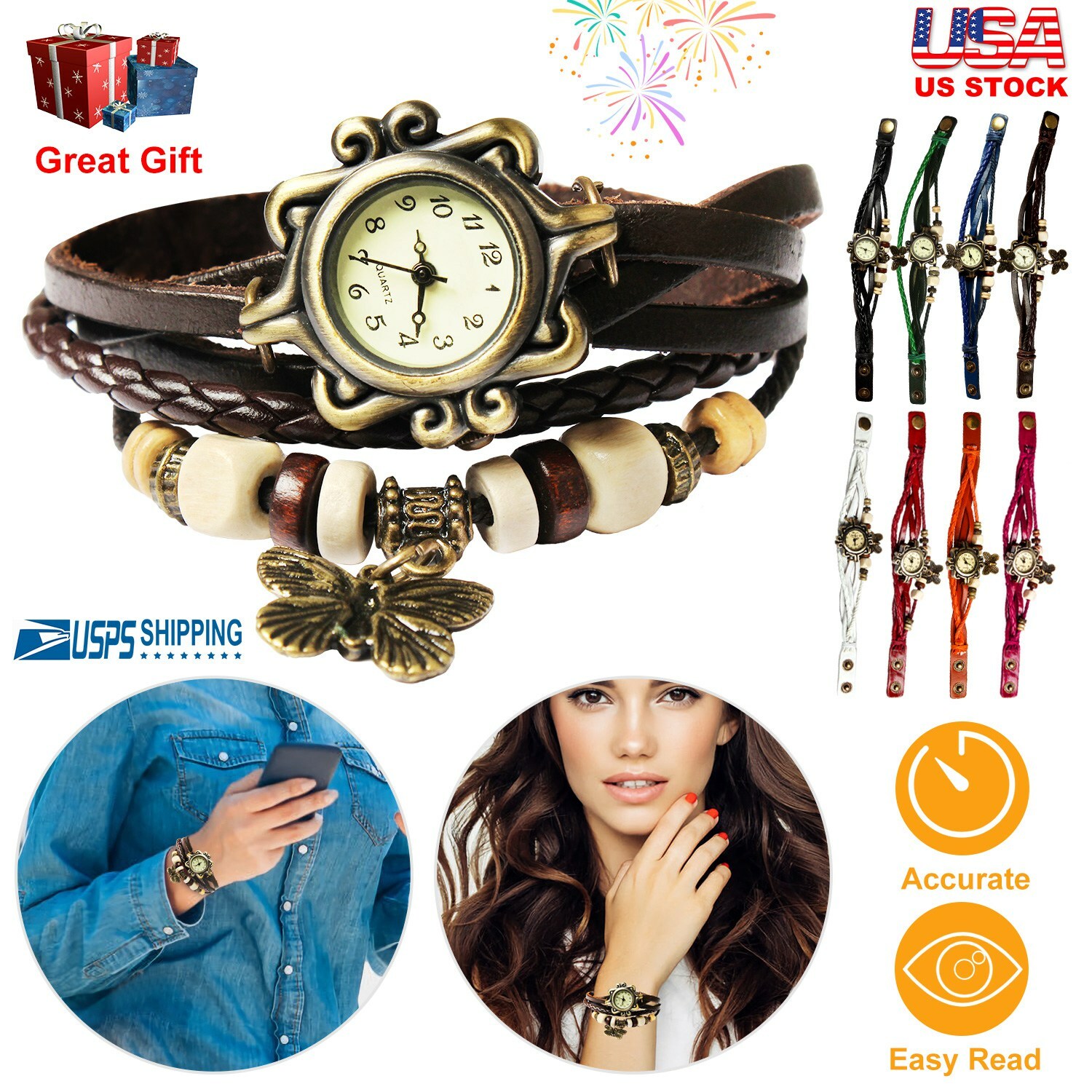 Retro Bohemian Women’s Watch Handmade Leather Bracelet Watch Christmas Gift