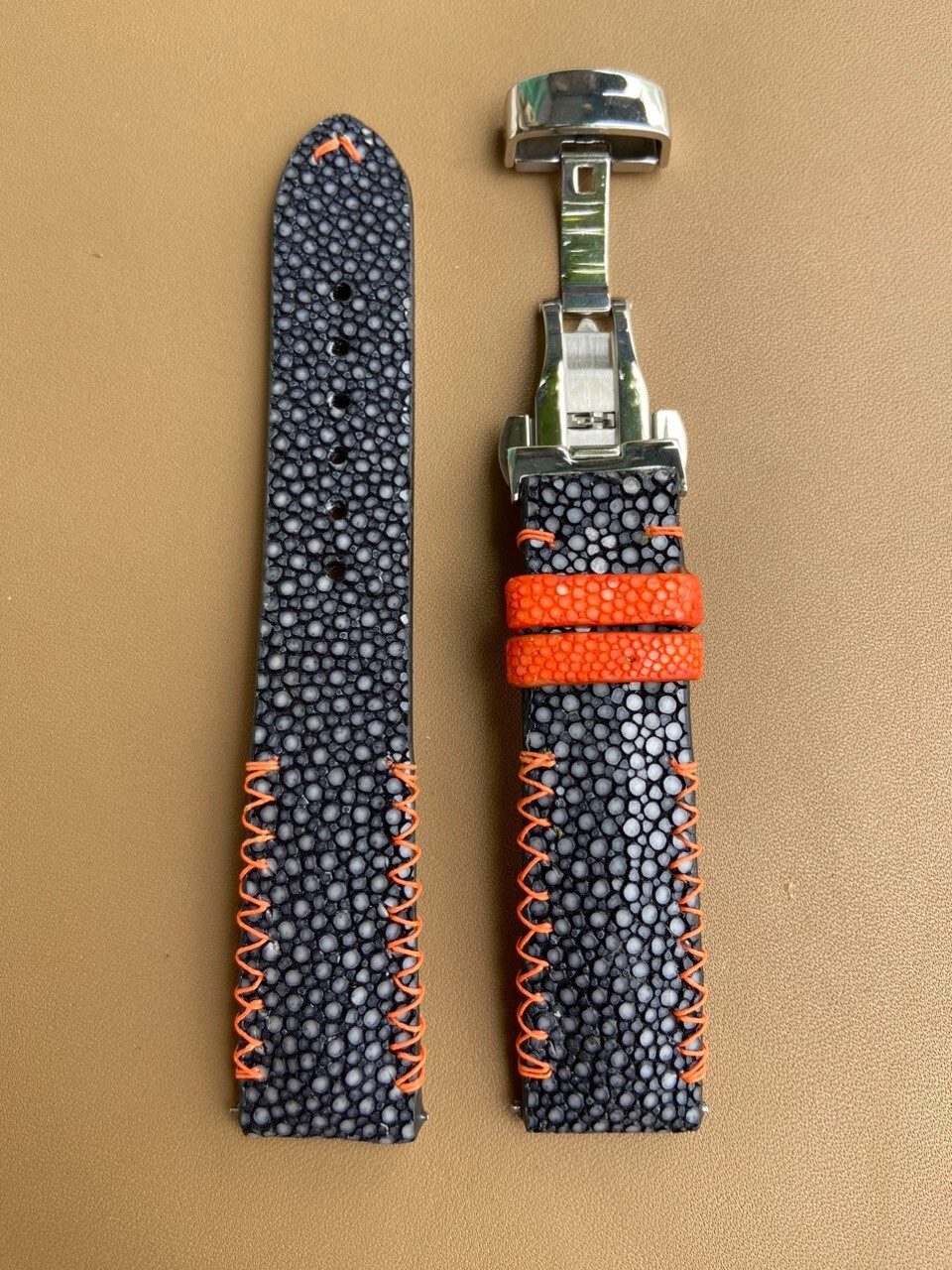 Size 22mm/20mm, Handmade Black Stingray Leather Watch Strap Band, Custom Strap