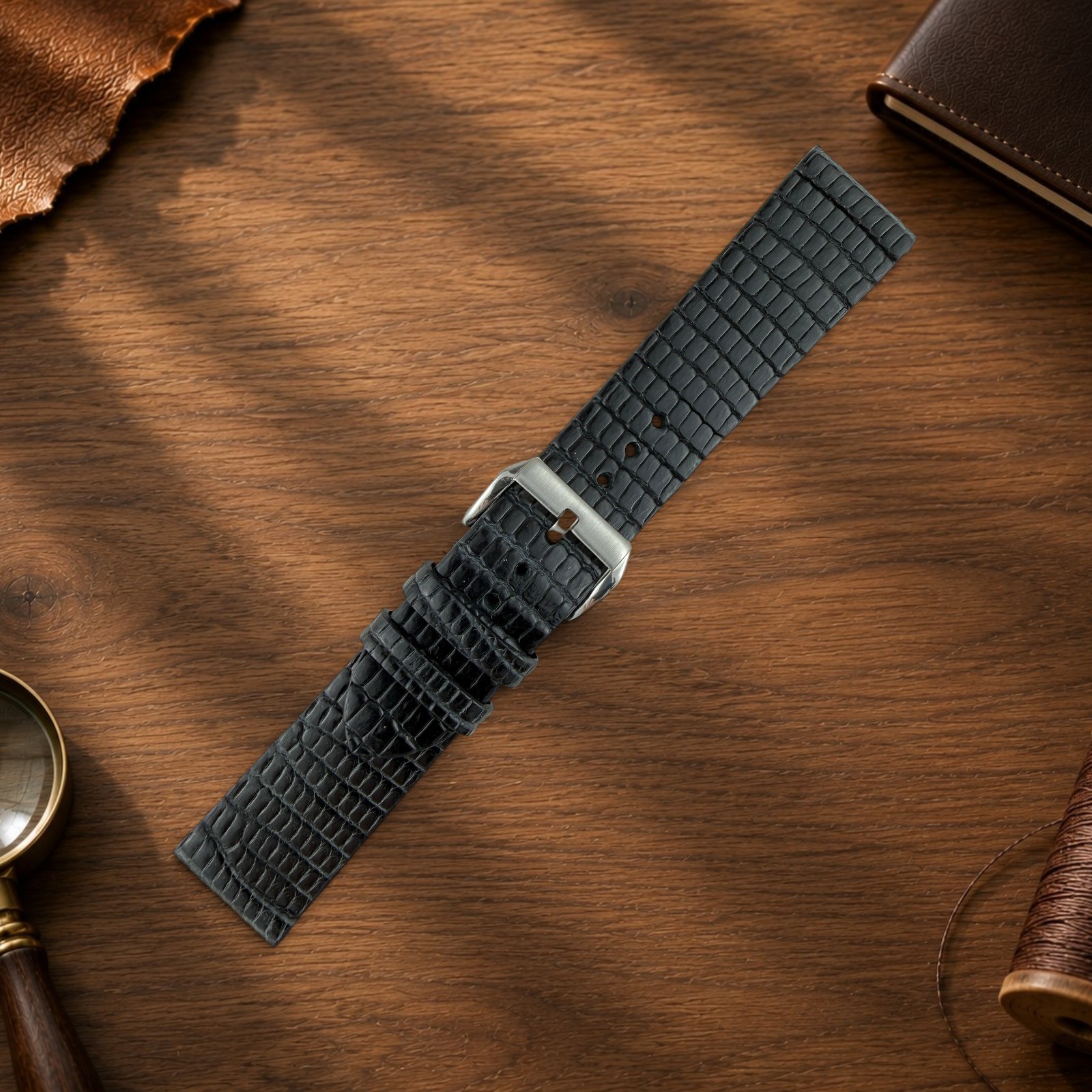 Genuine Lizard Leather Watch Band Strap 22mm Black Mens Handmade 316L Buckle