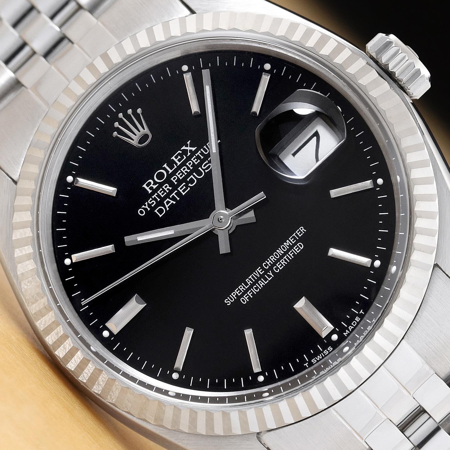 ROLEX DATEJUST 16234 18K WHITE GOLD STAINLESS STEEL JUBILEE BLACK DIAL WATCH