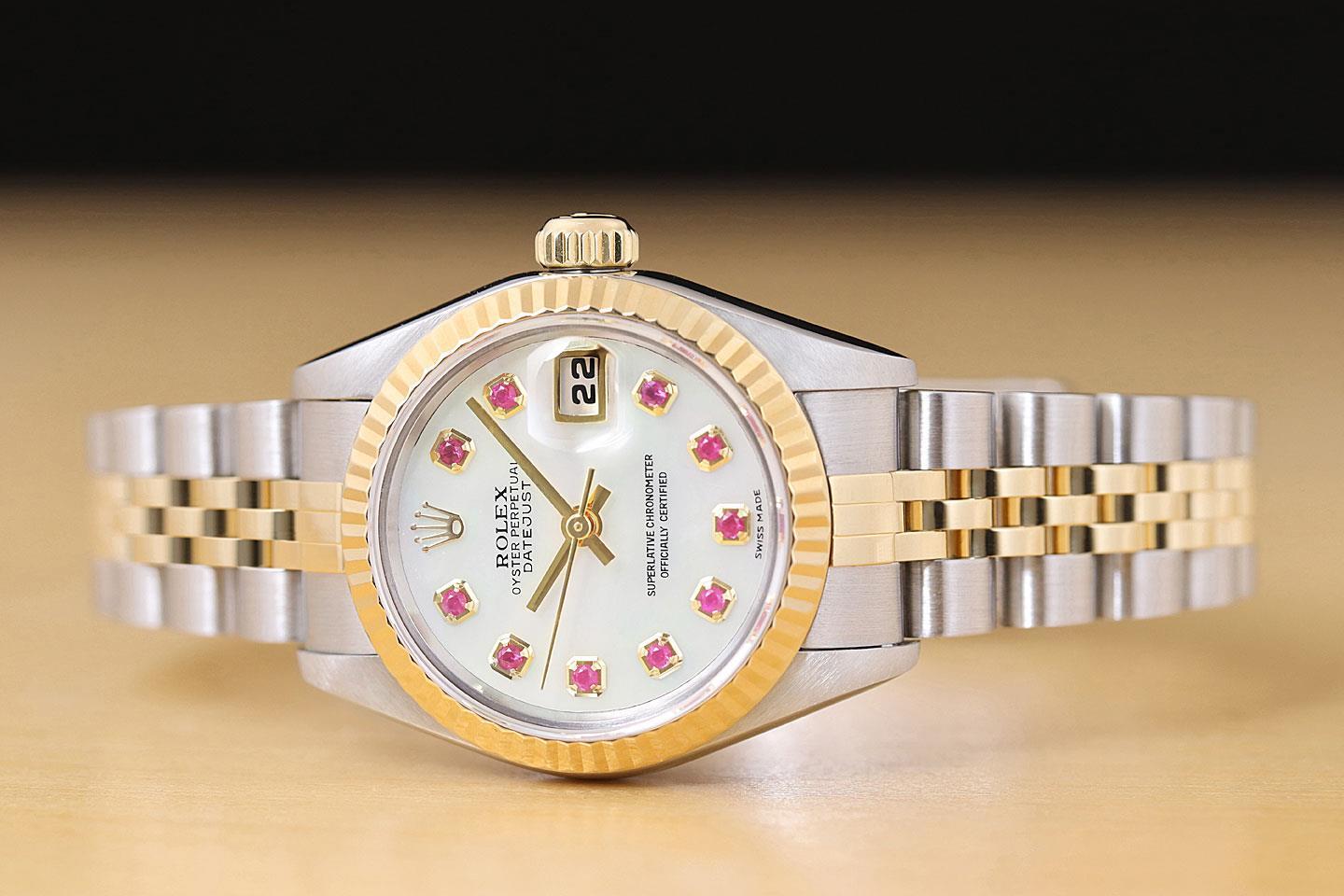 ROLEX LADIES DATEJUST 79173 MOTHER OF PEARL RUBY DIAL 18K GOLD SS TWO TONE WATCH