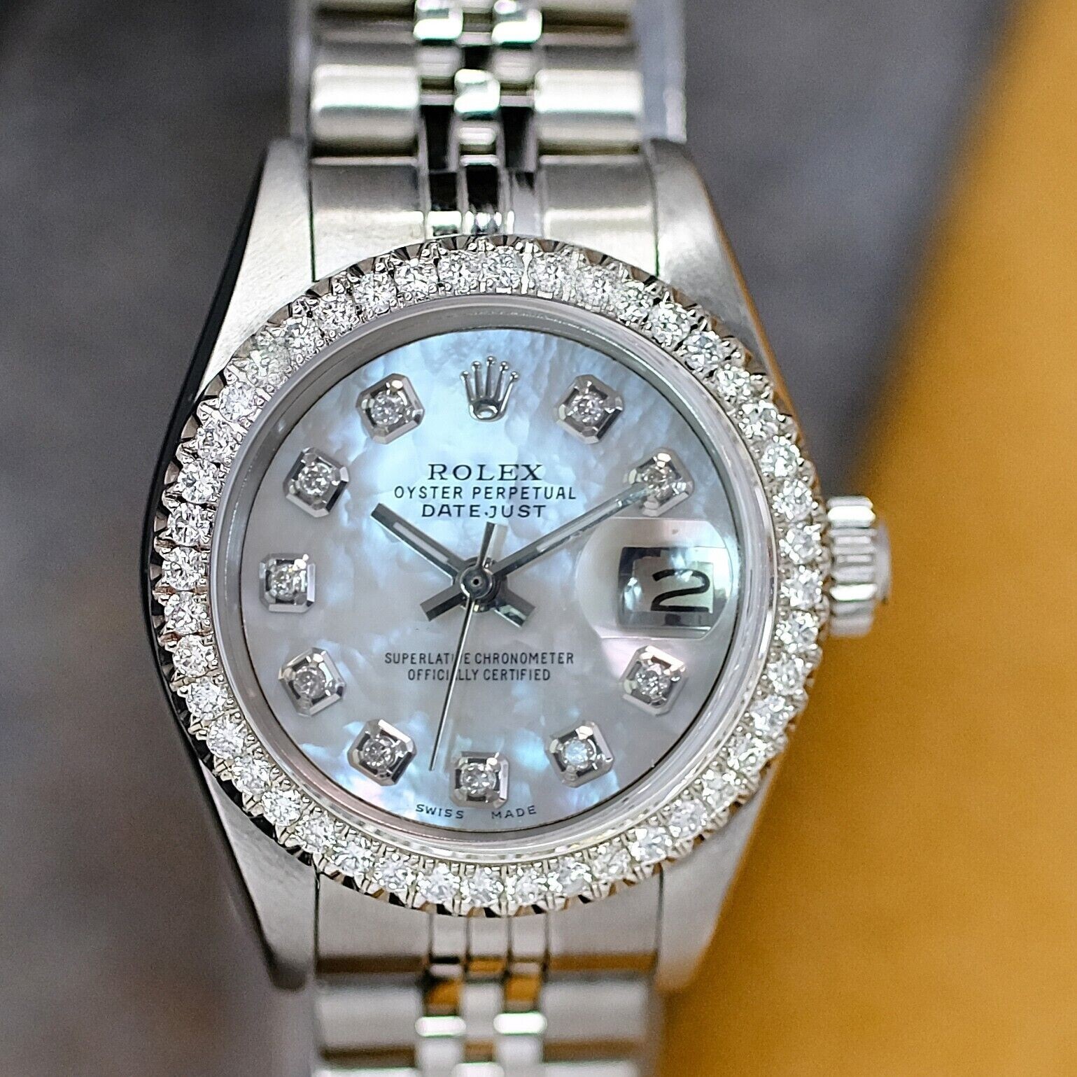 ROLEX LADIES DATEJUST WATCH STEEL WHITE DIAMOND DIAL & BEZEL JUBILEE 26MM 69174