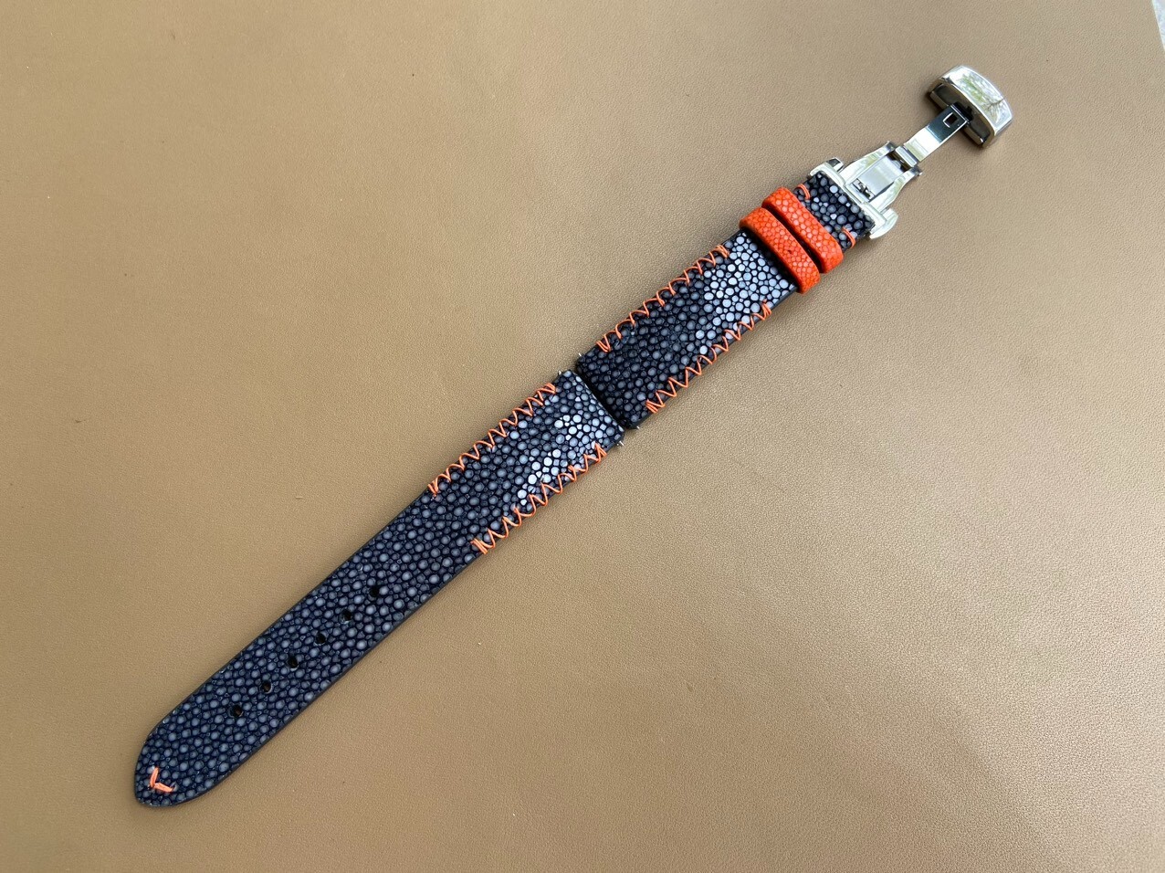 Size 22mm/20mm, Handmade Black Stingray Leather Watch Strap Band, Custom Strap