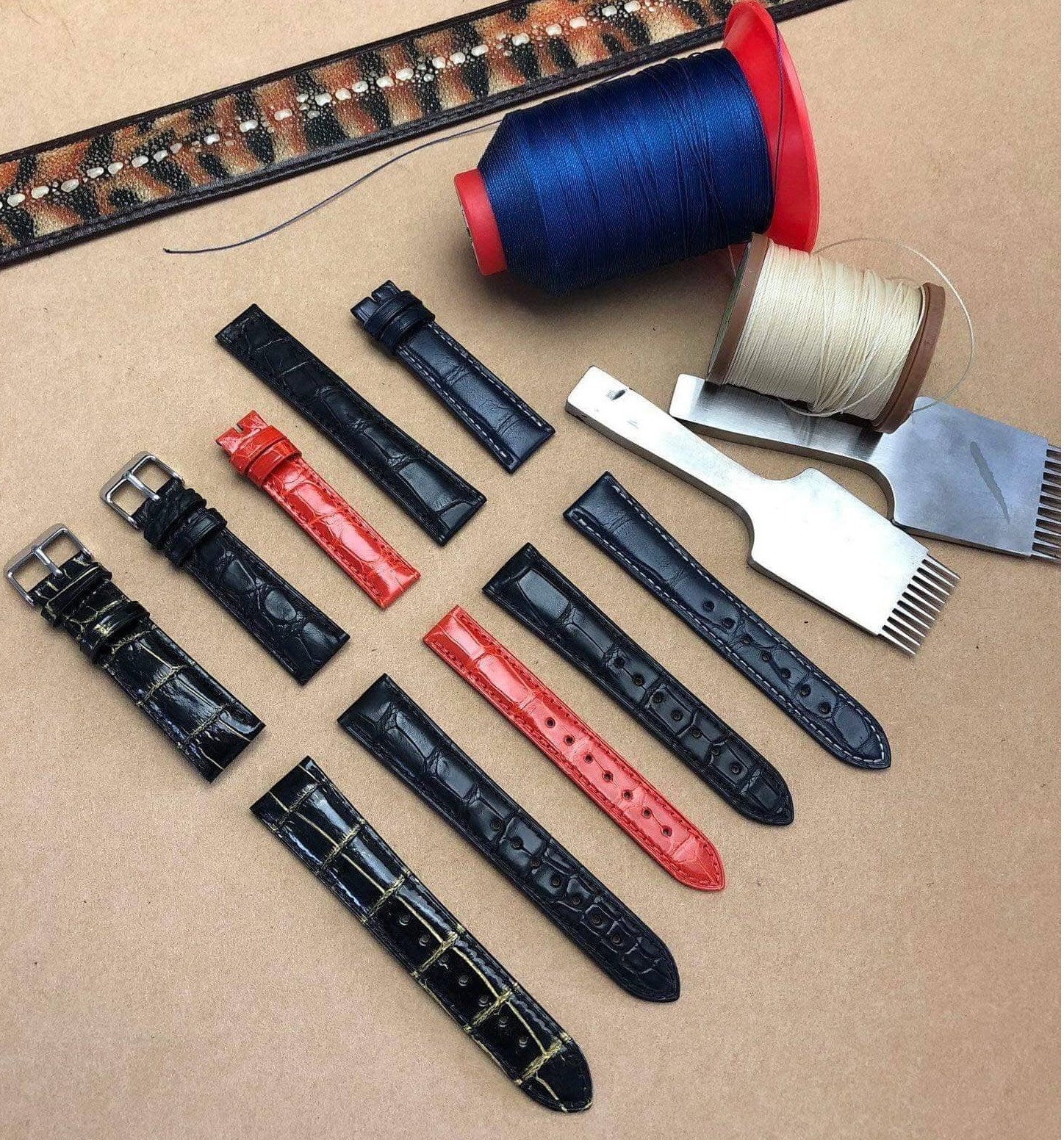 22mm Black Flat Leather Watch Band Genuine Crocodile Watch Strap Gold Buckle