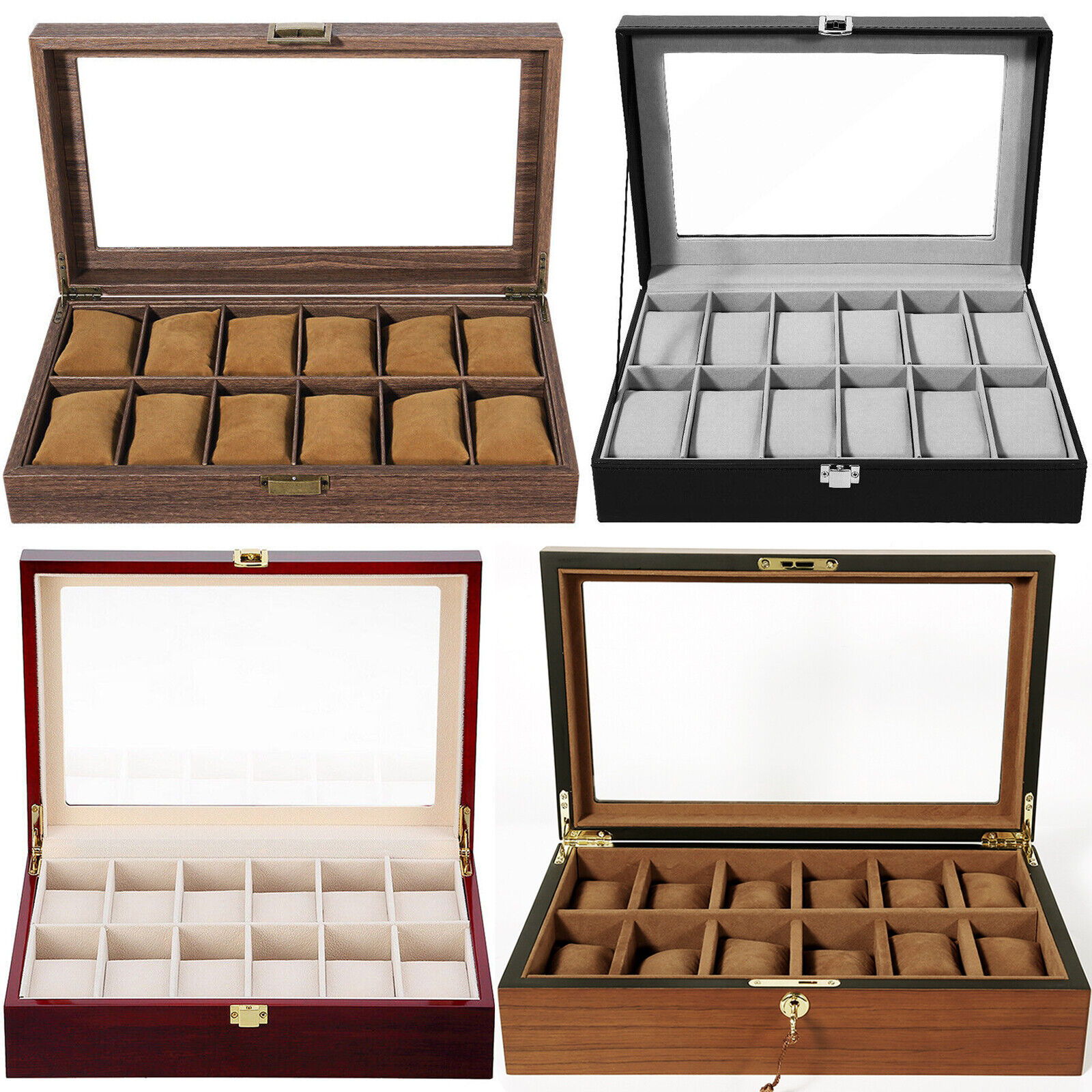 3-6-10-12-24 Grids PU Leather Watch Display Case Jewelry Storage Holder Boxes