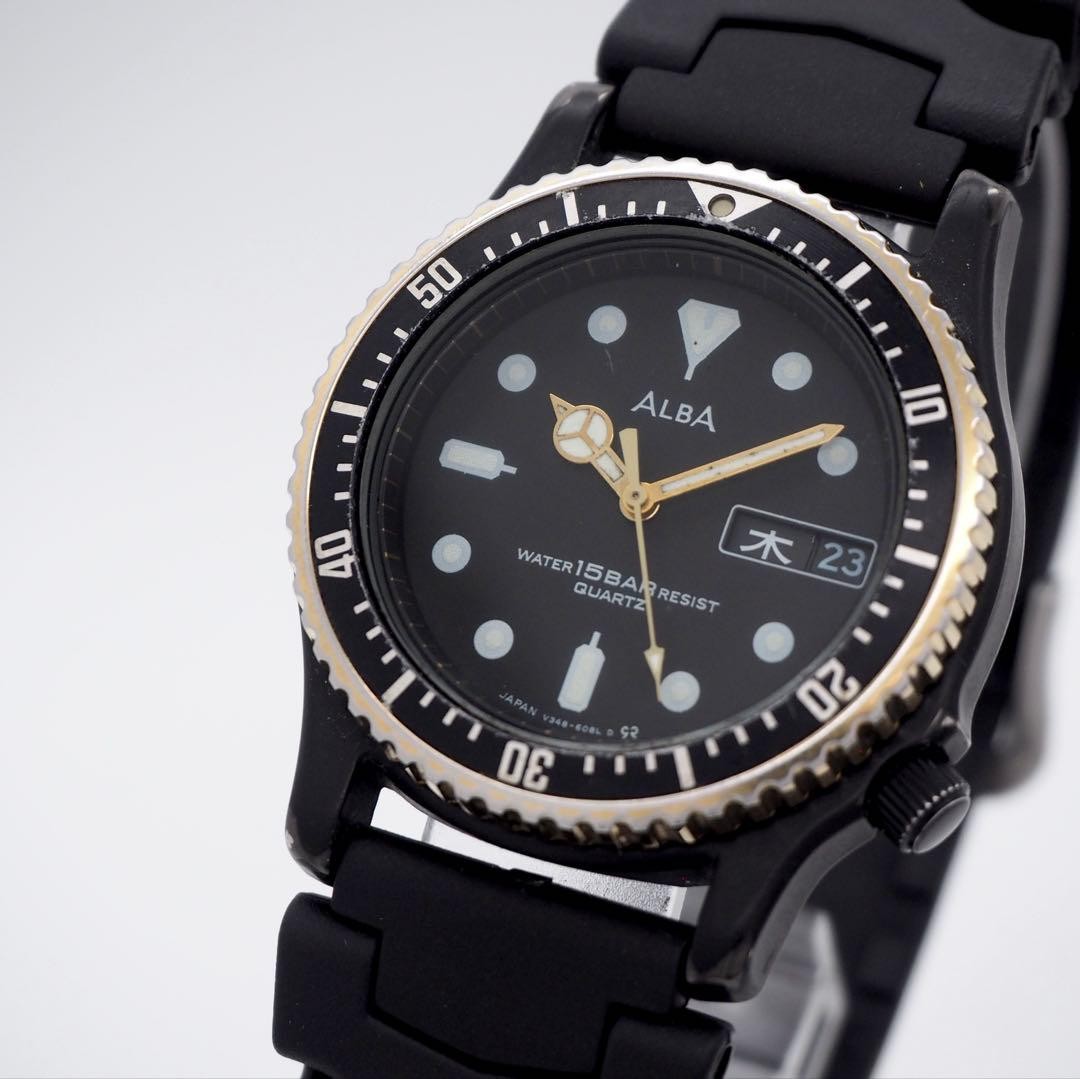 SEIKO ALBA Diver Watch V348-6080 Black Gold Quartz Rubber Strap New Battery Run