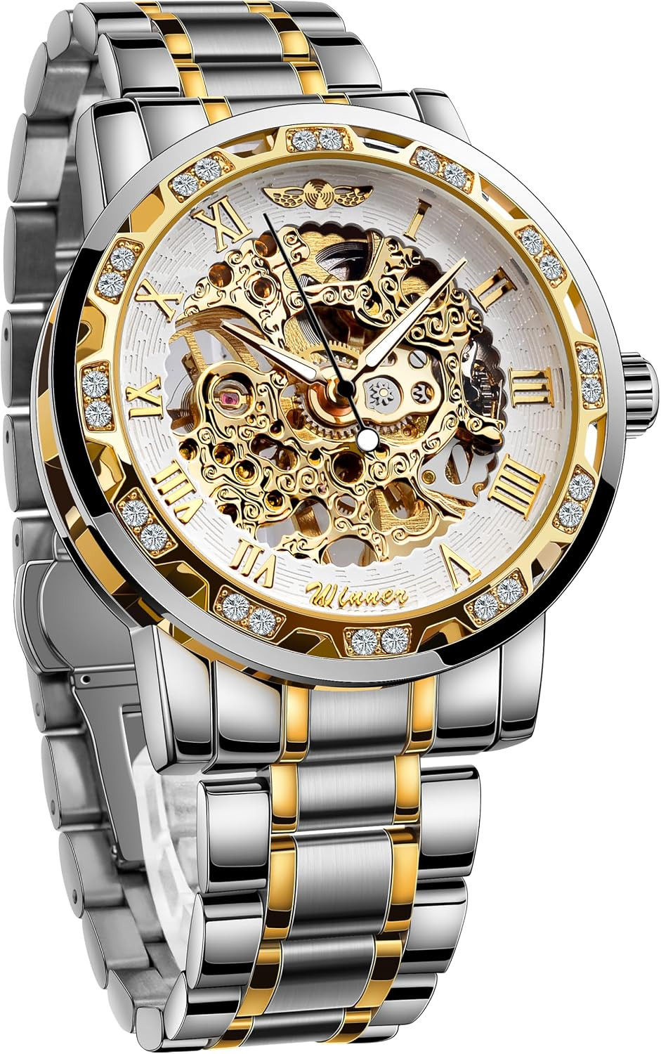 Winner Retro Manual Mechanical Skeleton Watch with Diamond and Carving Flower