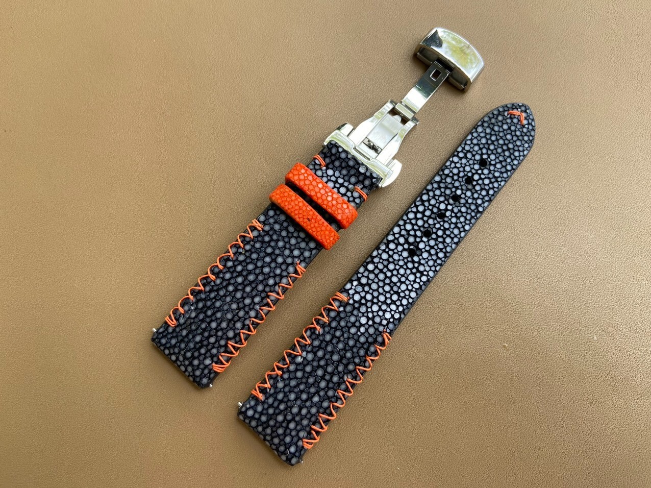 Size 22mm/20mm, Handmade Black Stingray Leather Watch Strap Band, Custom Strap