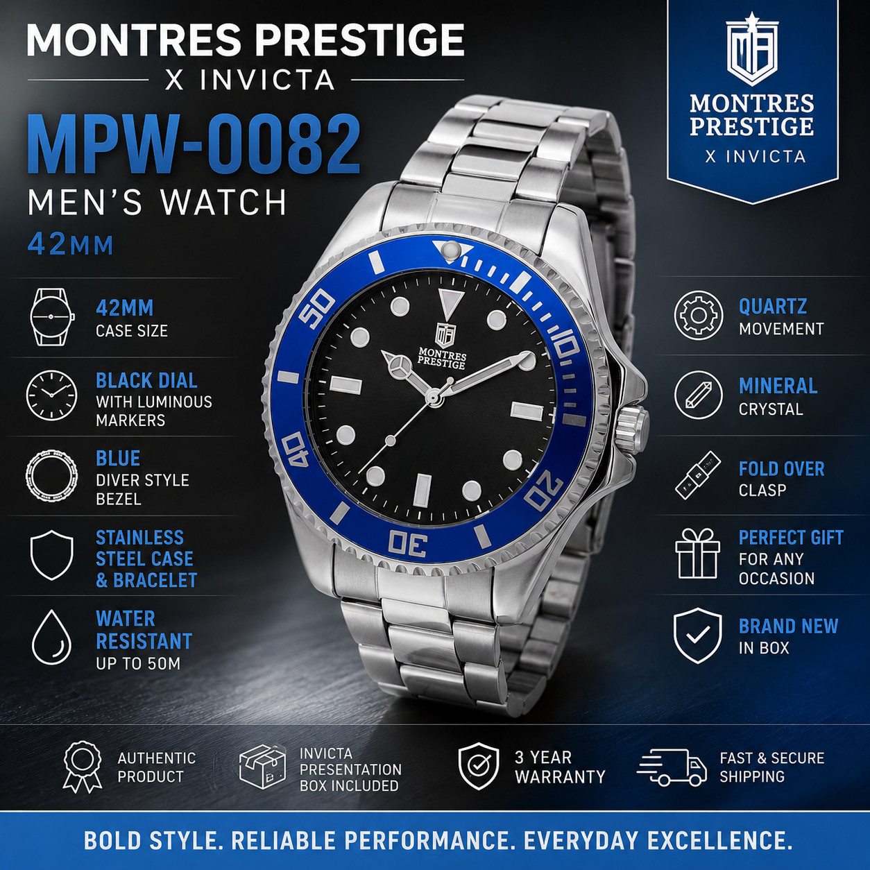 Montres Prestige X Invicta Men’s Watch 42mm Black Dial Blue Bezel Steel MPW-0082
