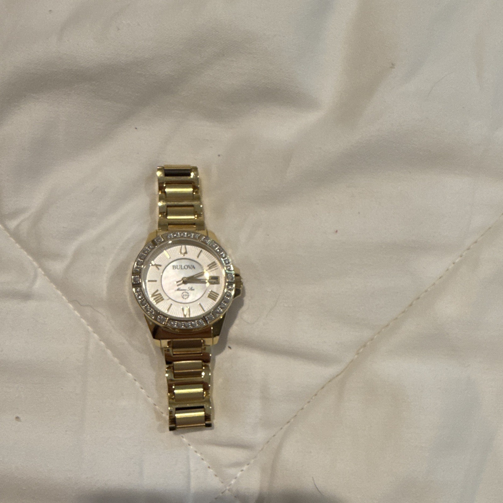 Bulova Marine Star 96L186 Women’s Gold Tone Crystal Bezel Watch 100M