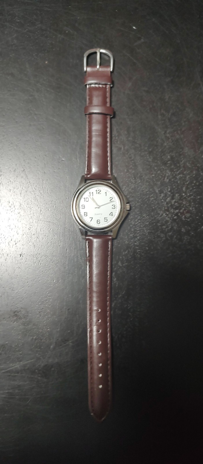 Silver Tone watch, GEN605-415, brown Faux leather band, white dial, new 377 batt