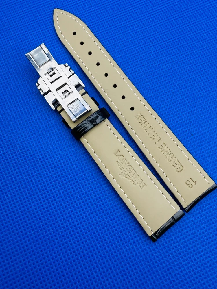 18mm Longines Black Leather Watch Strap With Deployment