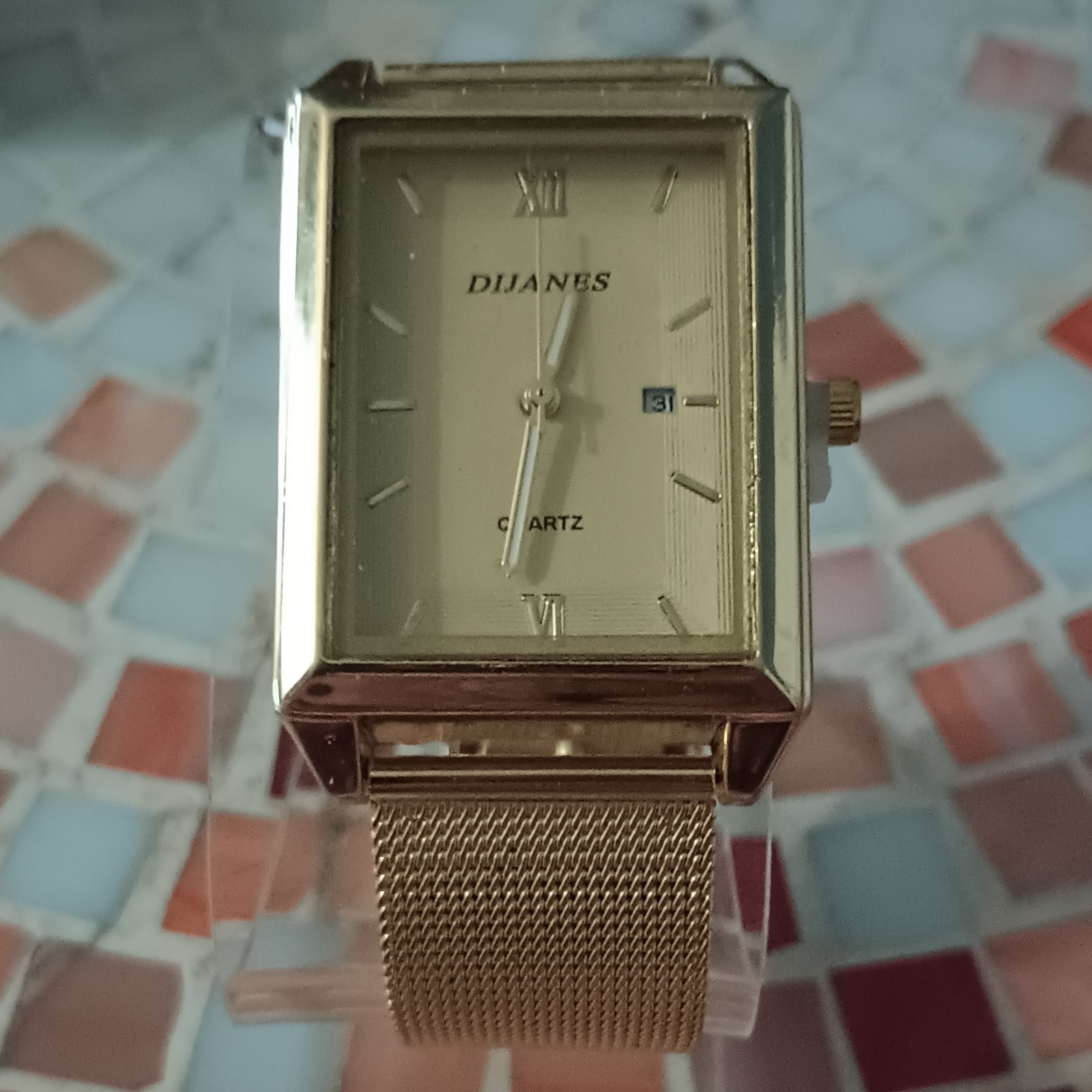 Dijanes Rectangular Quartz Dress Wristwatch Gold Tone Mesh Band Date