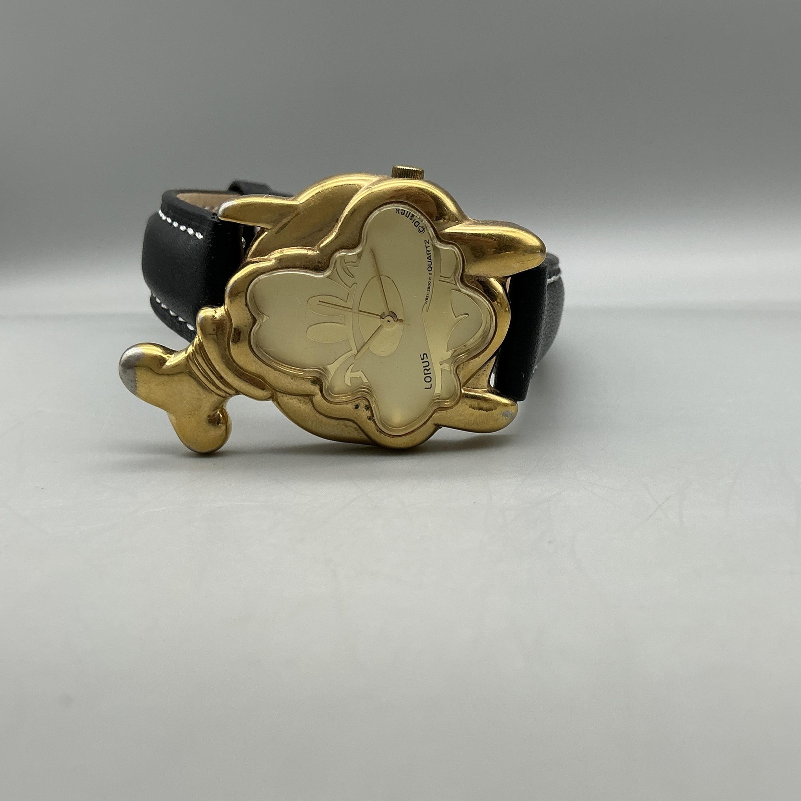 Vtg Lorus Womens Watch 30mm Disney Goofy Gold Tone Black Leather New Battery