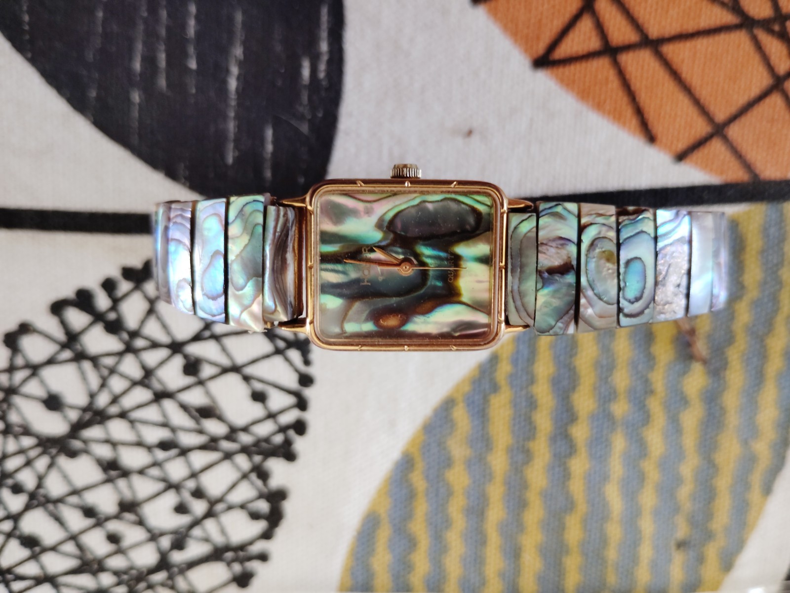 Women’s Rectangular Abalone Shell Dial Dress Watch Gold-Tone Shell Bracelet