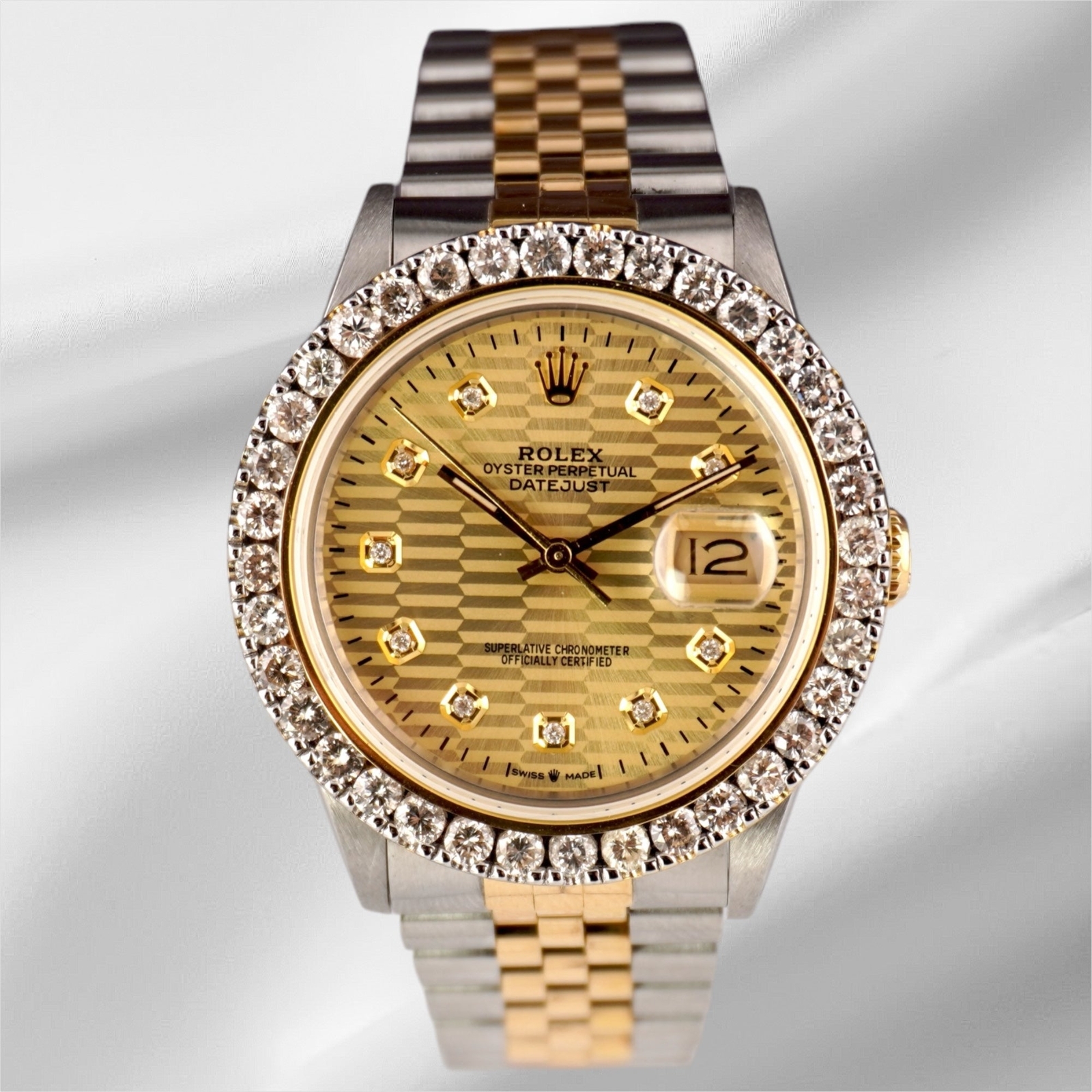 Rolex Men’s Datejust 36mm YG & Steel ICED 2.25ct Diamonds Motif Gold Dial Watch