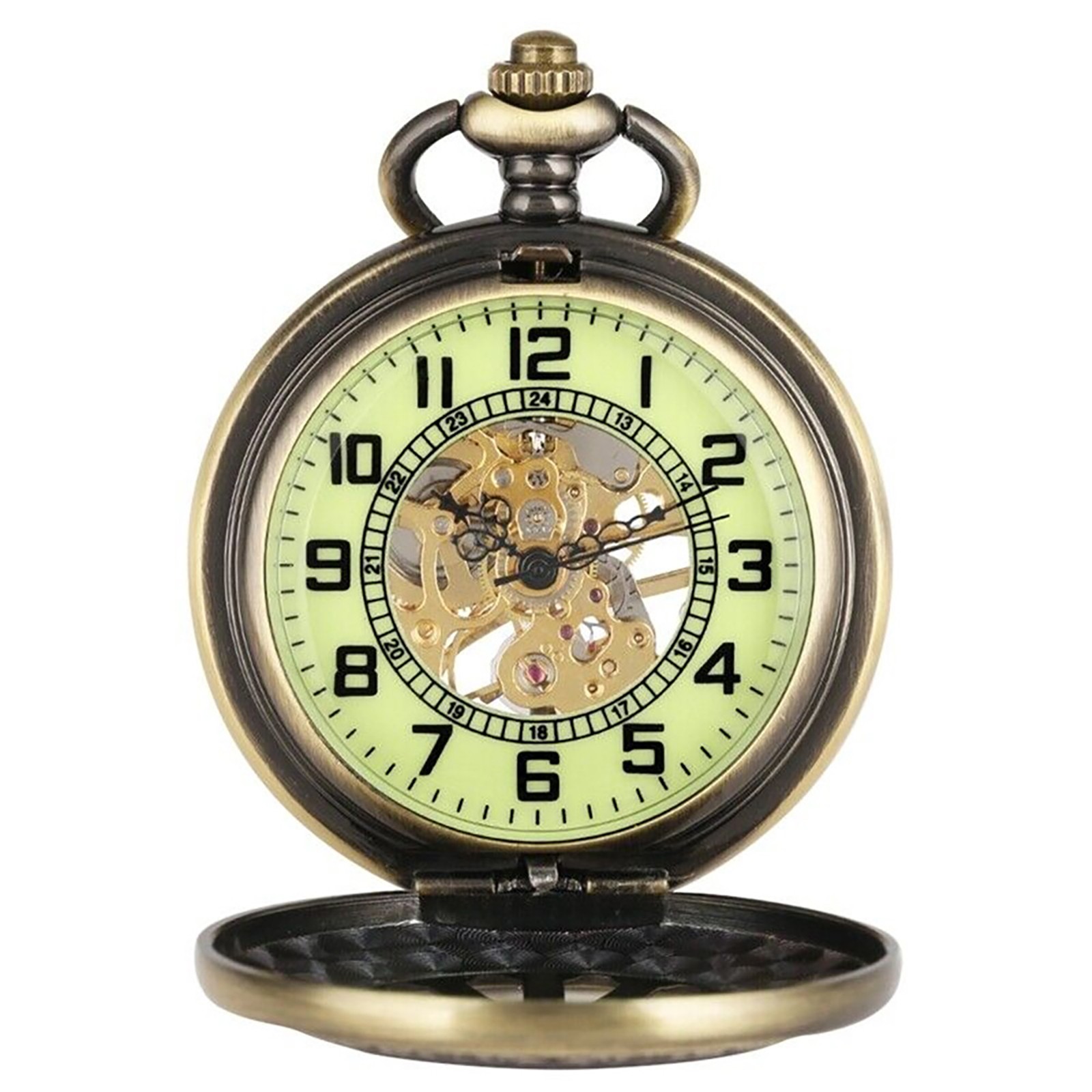 Mens Luxury Vintage Mechanical Black Steampunk Skeleton Pocket Watch with Chain