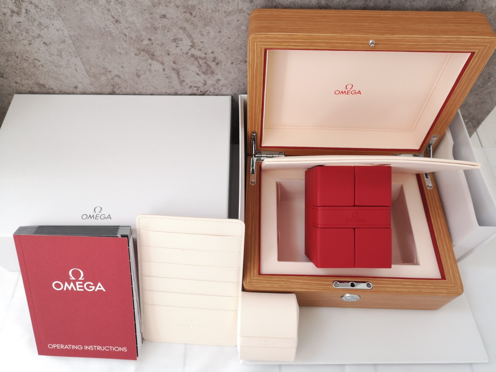 Omega Authentic Wooden Watch Box With Travel Red Cube Box Latest Model New