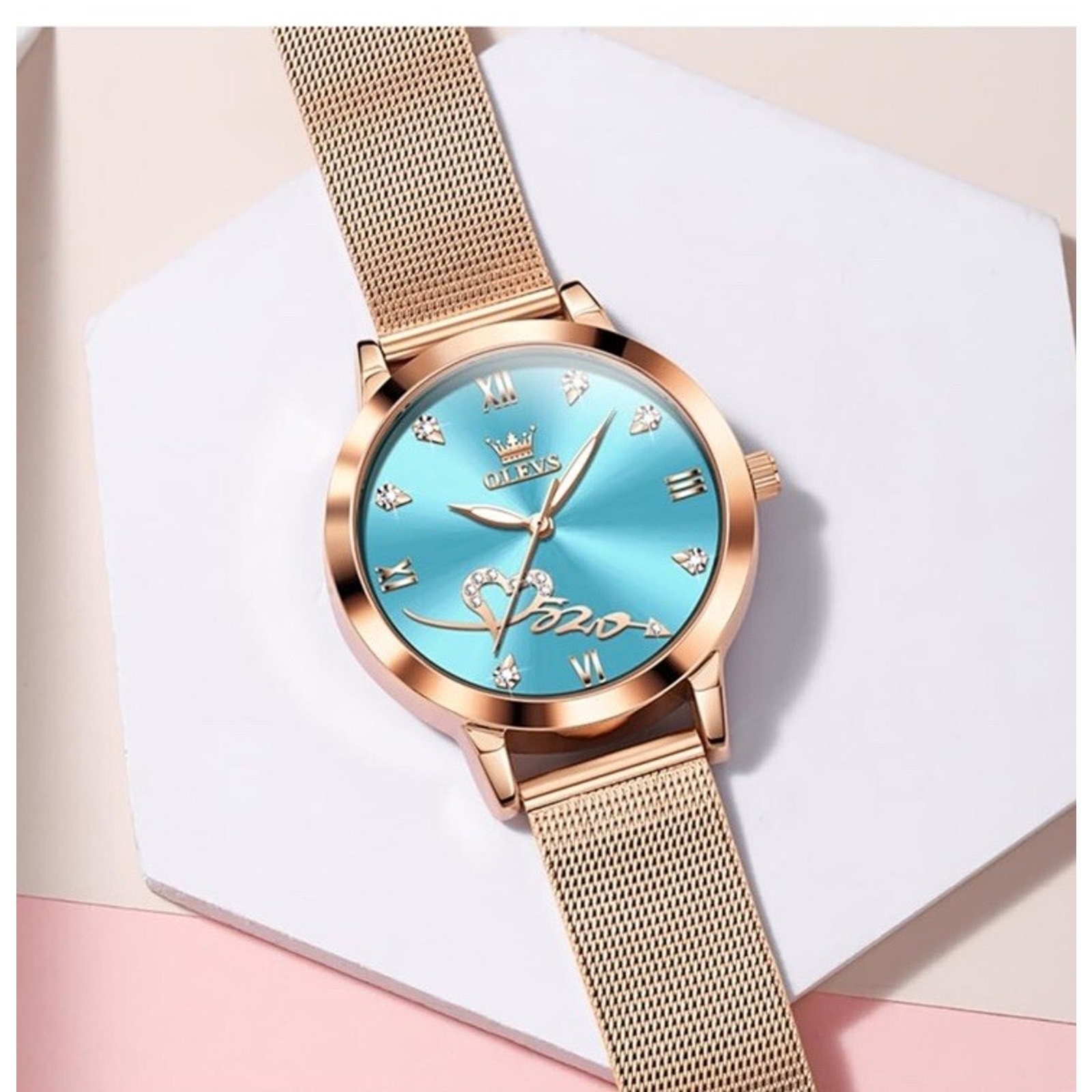 Rose Gold Watch for Women Mesh Strap Fashion Dress Hearts Japanese Quartz Blue