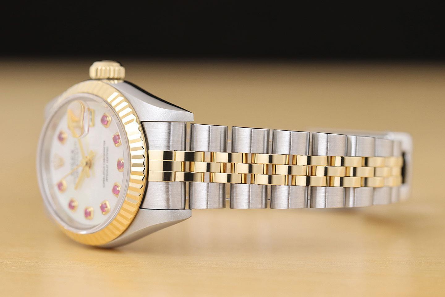 ROLEX LADIES DATEJUST 79173 MOTHER OF PEARL RUBY DIAL 18K GOLD SS TWO TONE WATCH