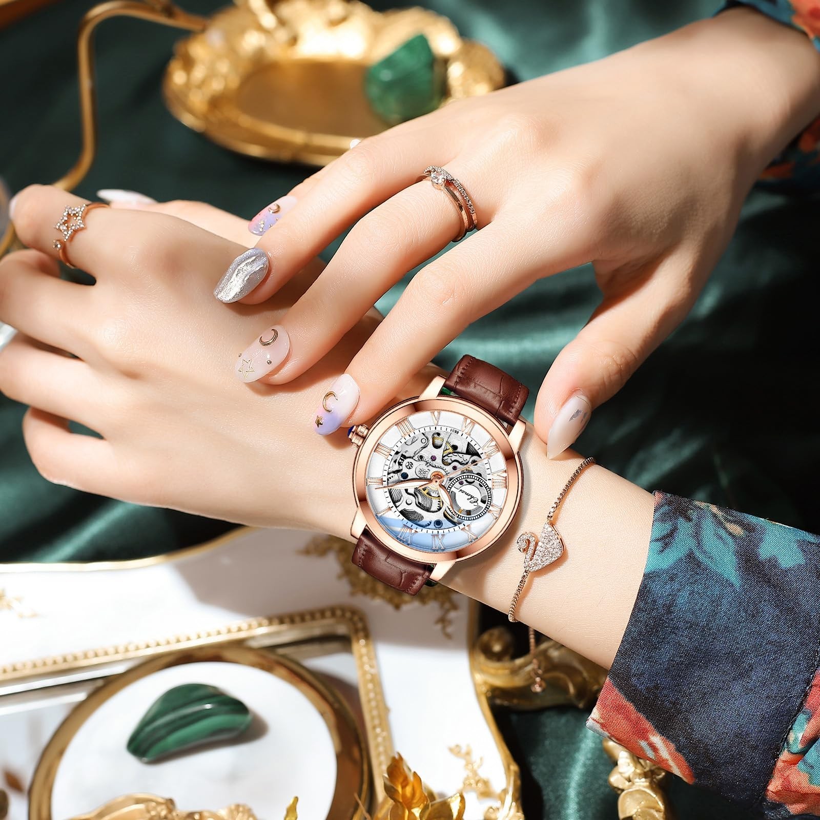 MASTOP Women’s Sapphire Watches Automatic Steampunk Self Winding Mechanical G…
