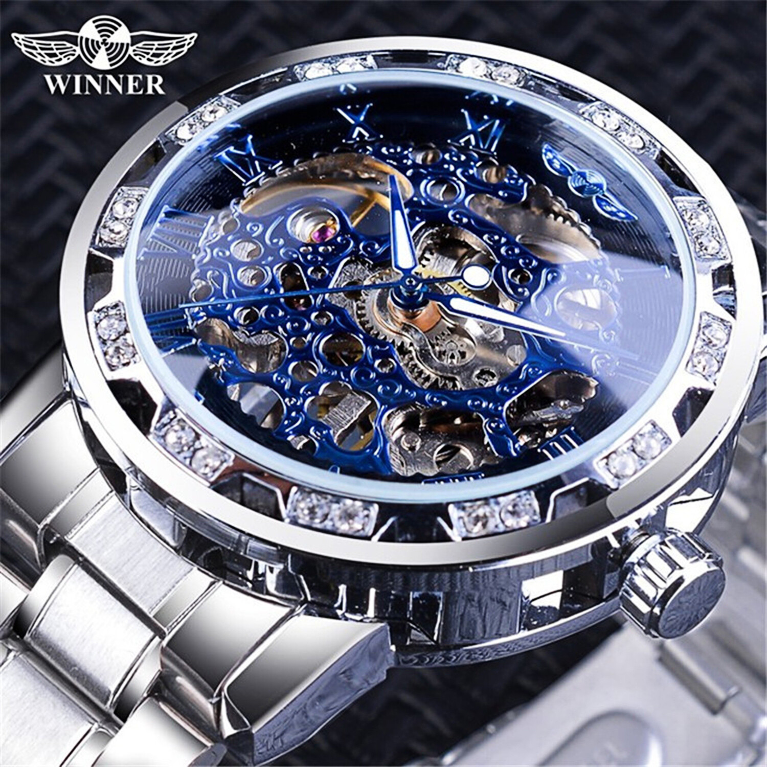T-Winner Luxury Men’s Stainless Steel Diamond Hollow Mechanical Wrist Watches