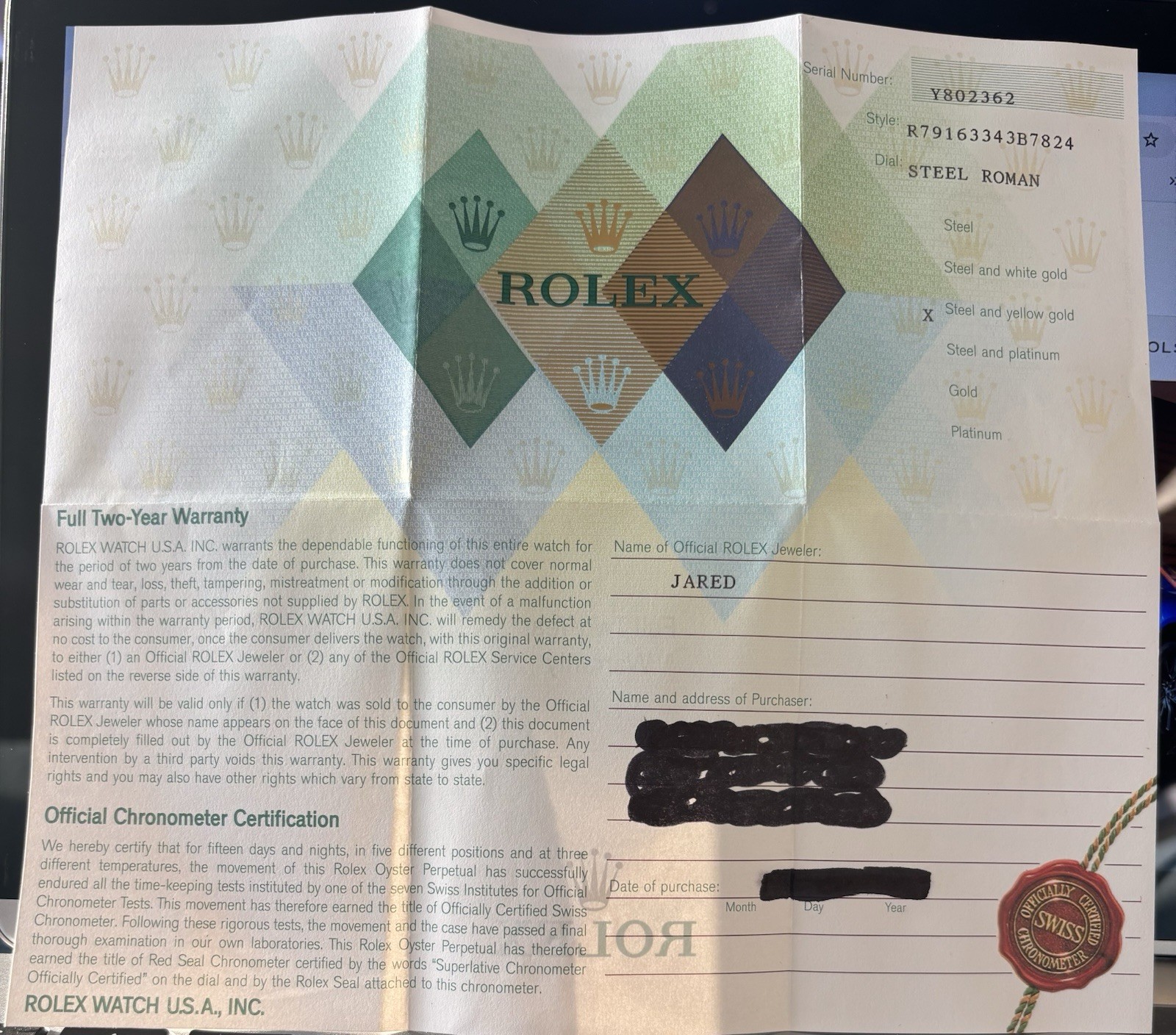 Rolex Watch Manual/Booklet – Style/Model R79163343B7824