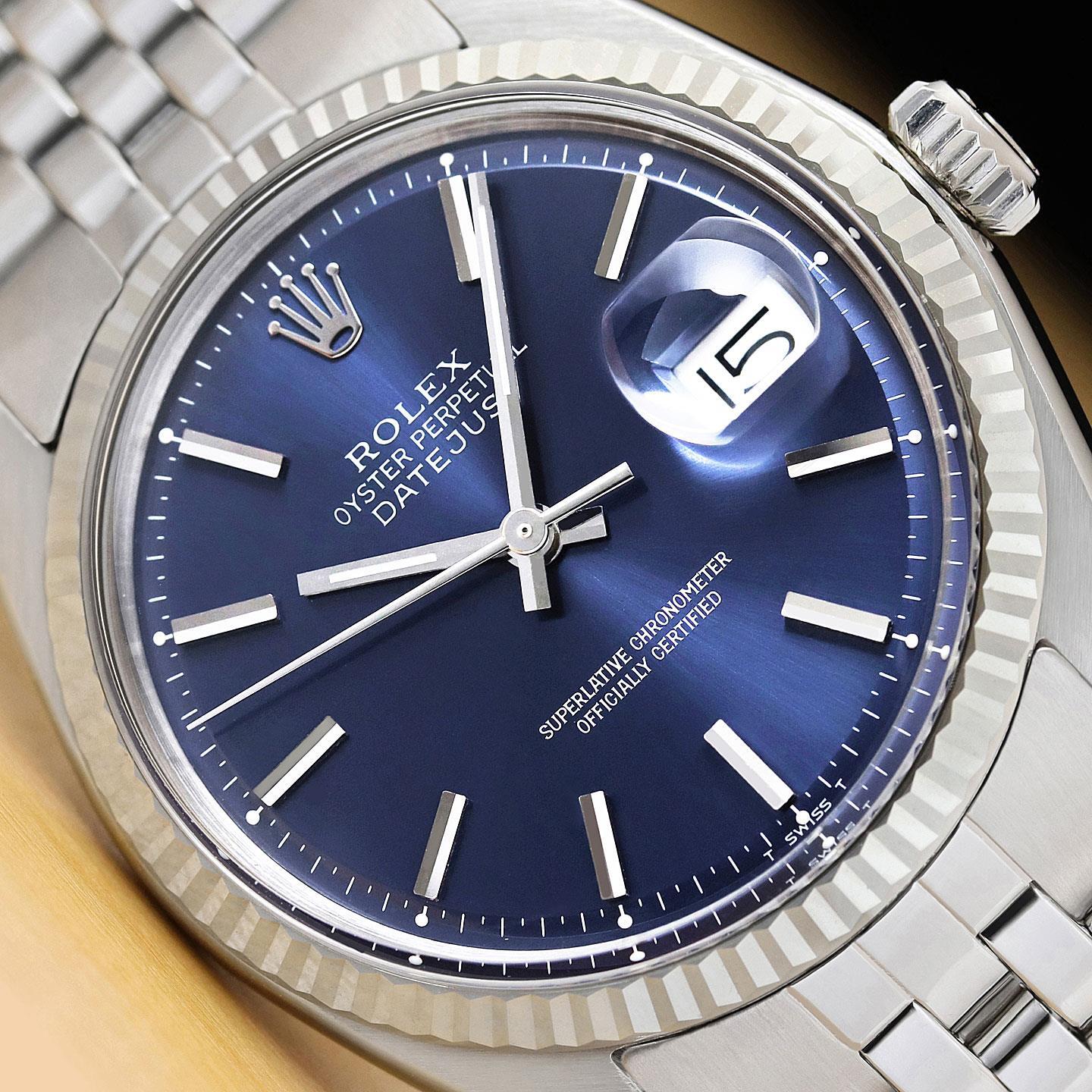 ROLEX MENS DATEJUS 18K GOLD STEEL BLUE DIAL WATCH w/ FOLDED JUBILEE BRACELET