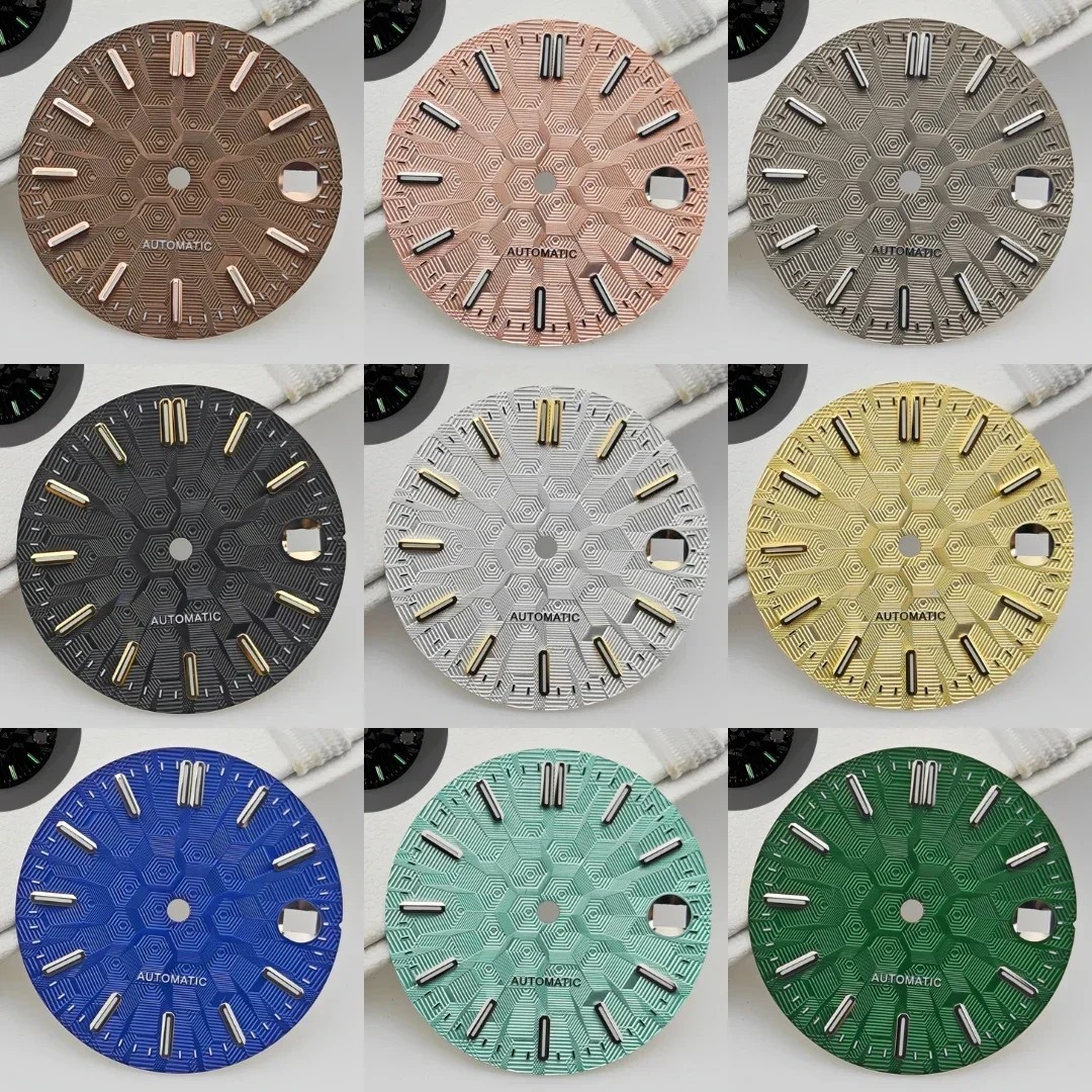 28.5mm Watch Dial Geometric Texture for NH35 Movement Green Luminous Face Parts