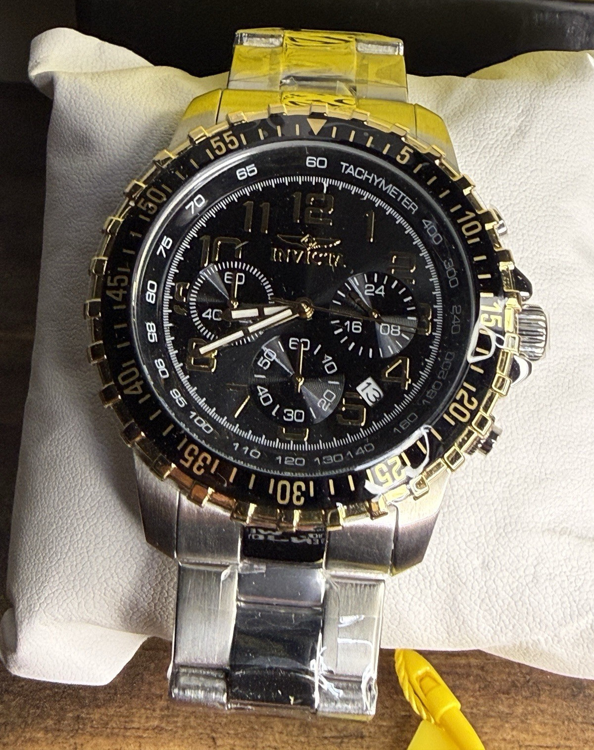 Invicta Men’s Chronograph Quartz Watch – Black/Gold Dial, Tachymeter, Box