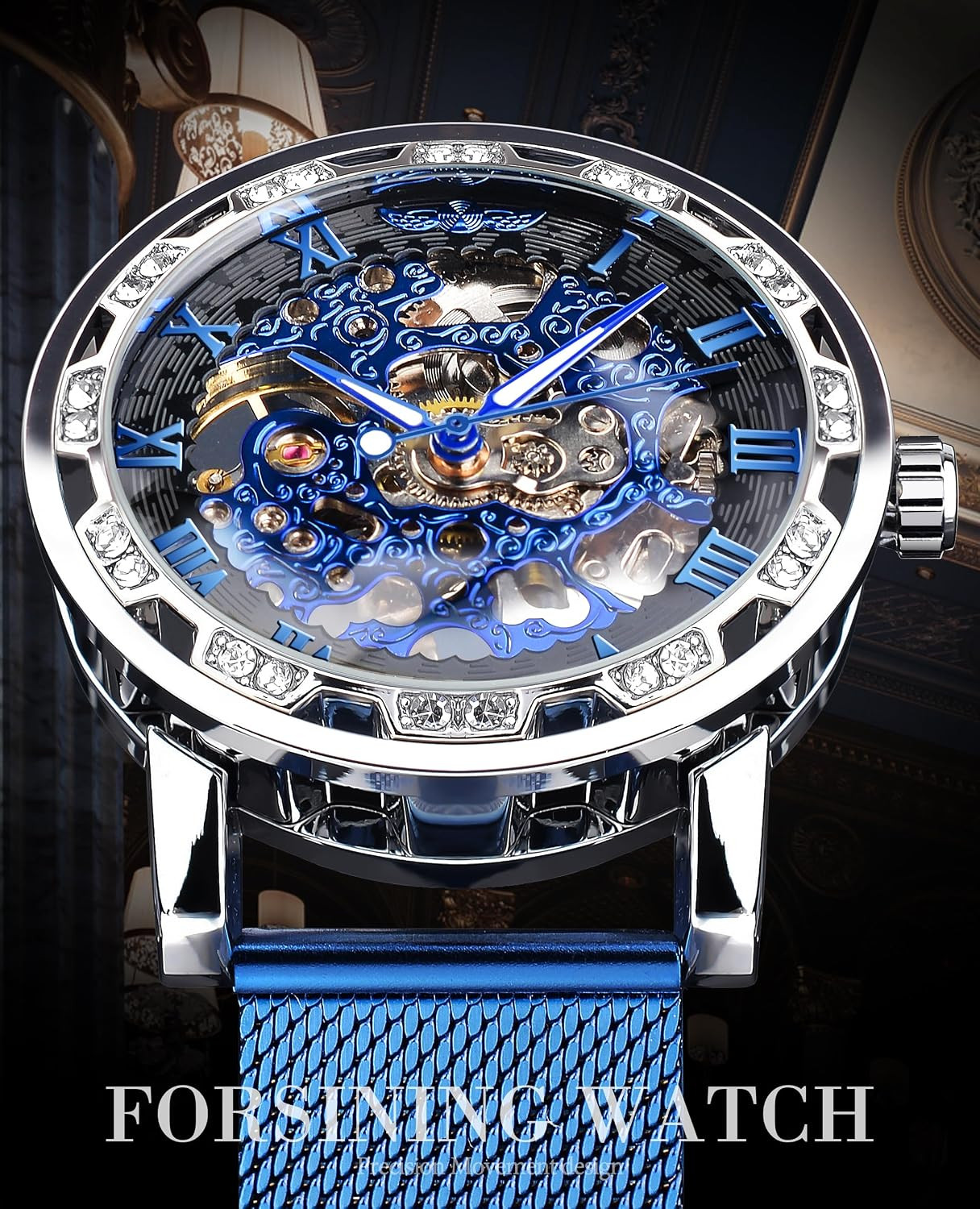 Winner Retro Manual Mechanical Skeleton Watch with Diamond and Carving Flower