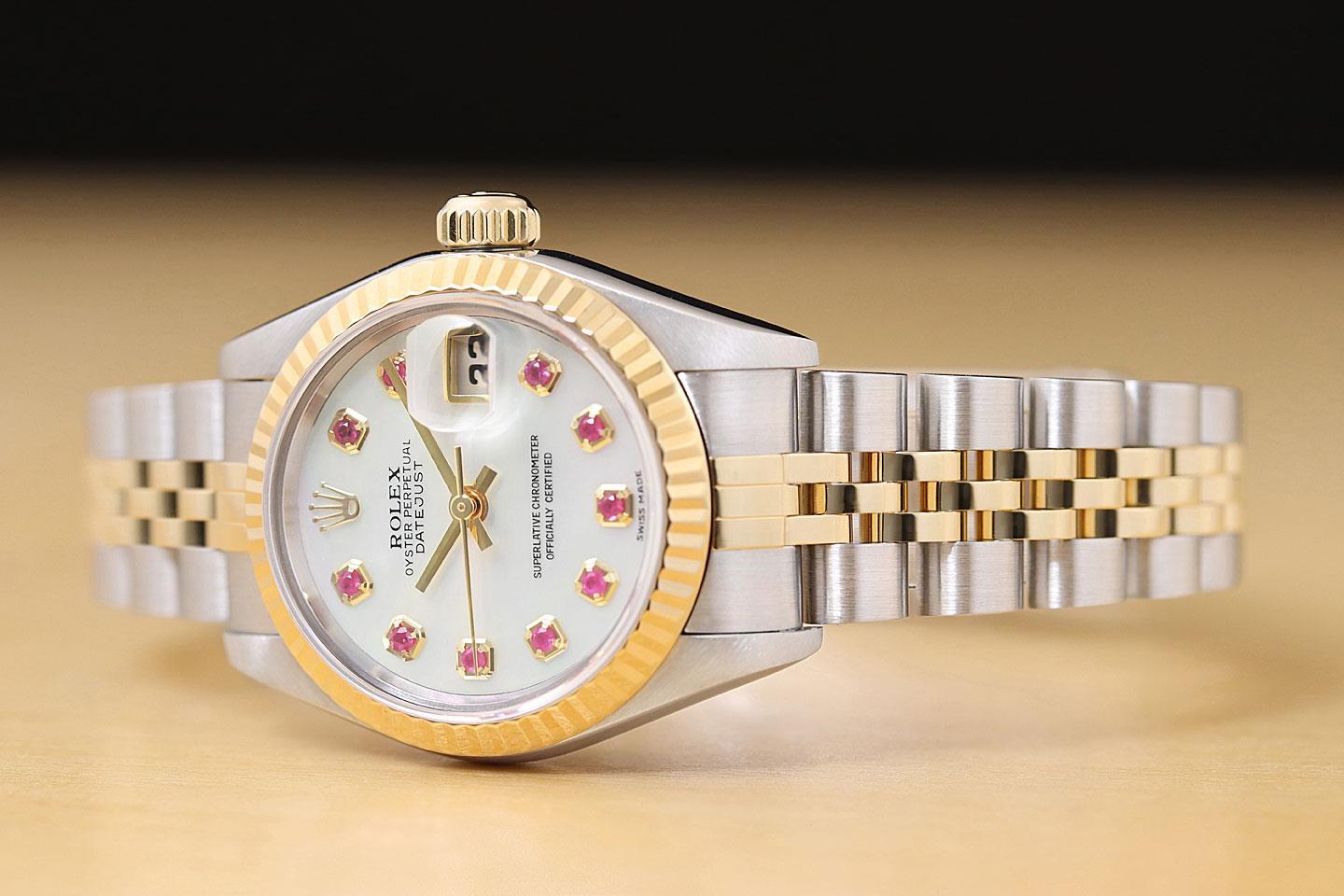 ROLEX LADIES DATEJUST 79173 MOTHER OF PEARL RUBY DIAL 18K GOLD SS TWO TONE WATCH