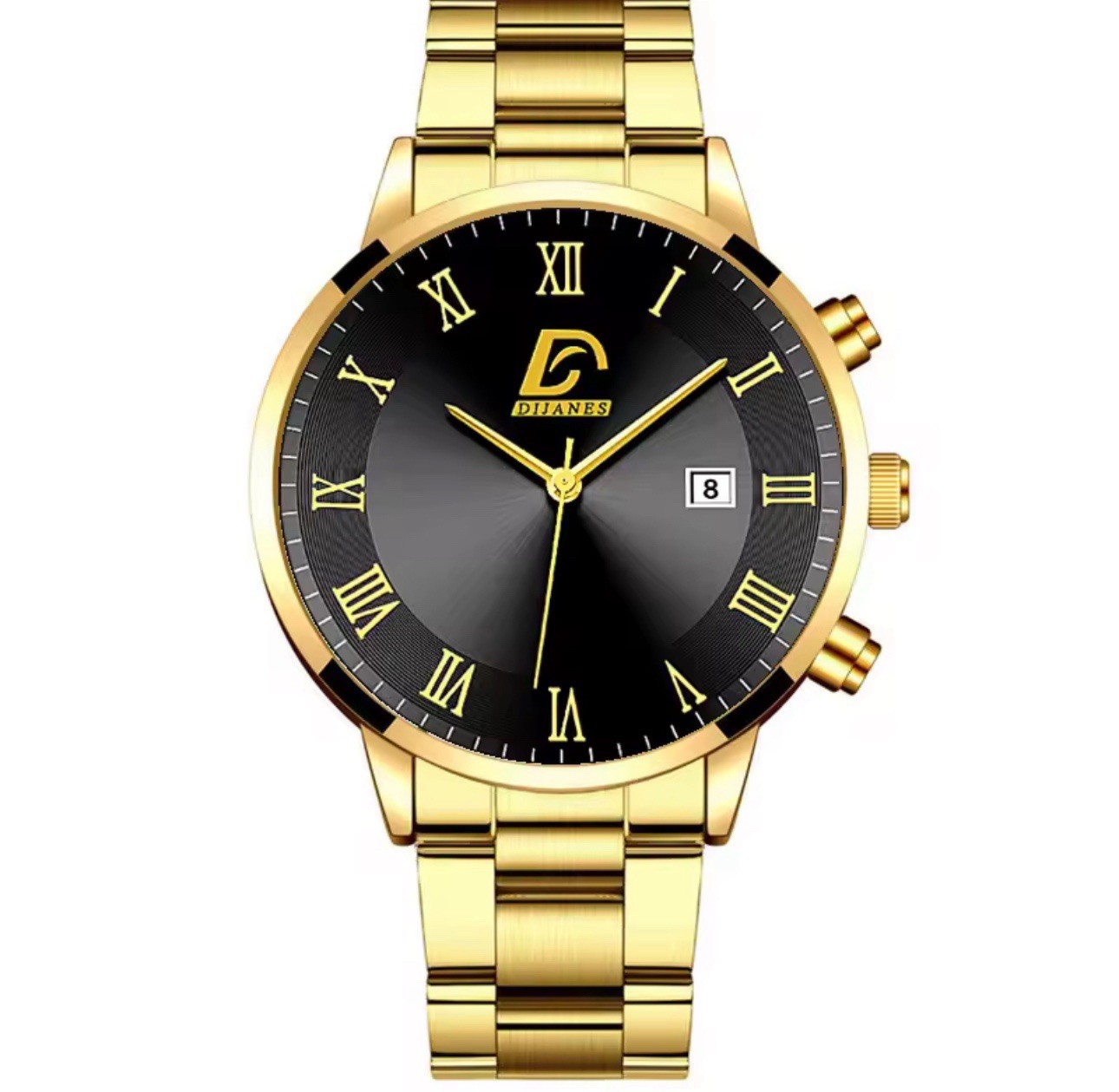 DIJANES Men’s Analog Wristwatch Date Blue Dial Roman Numerals Metal Band