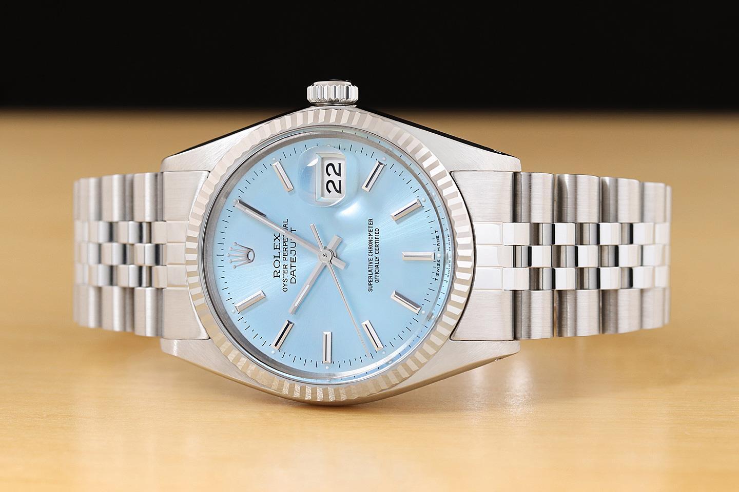 ROLEX MENS DATEJUST 16014 18K WHITE GOLD STEEL ICE BLUE DIAL JUBILEE WATCH