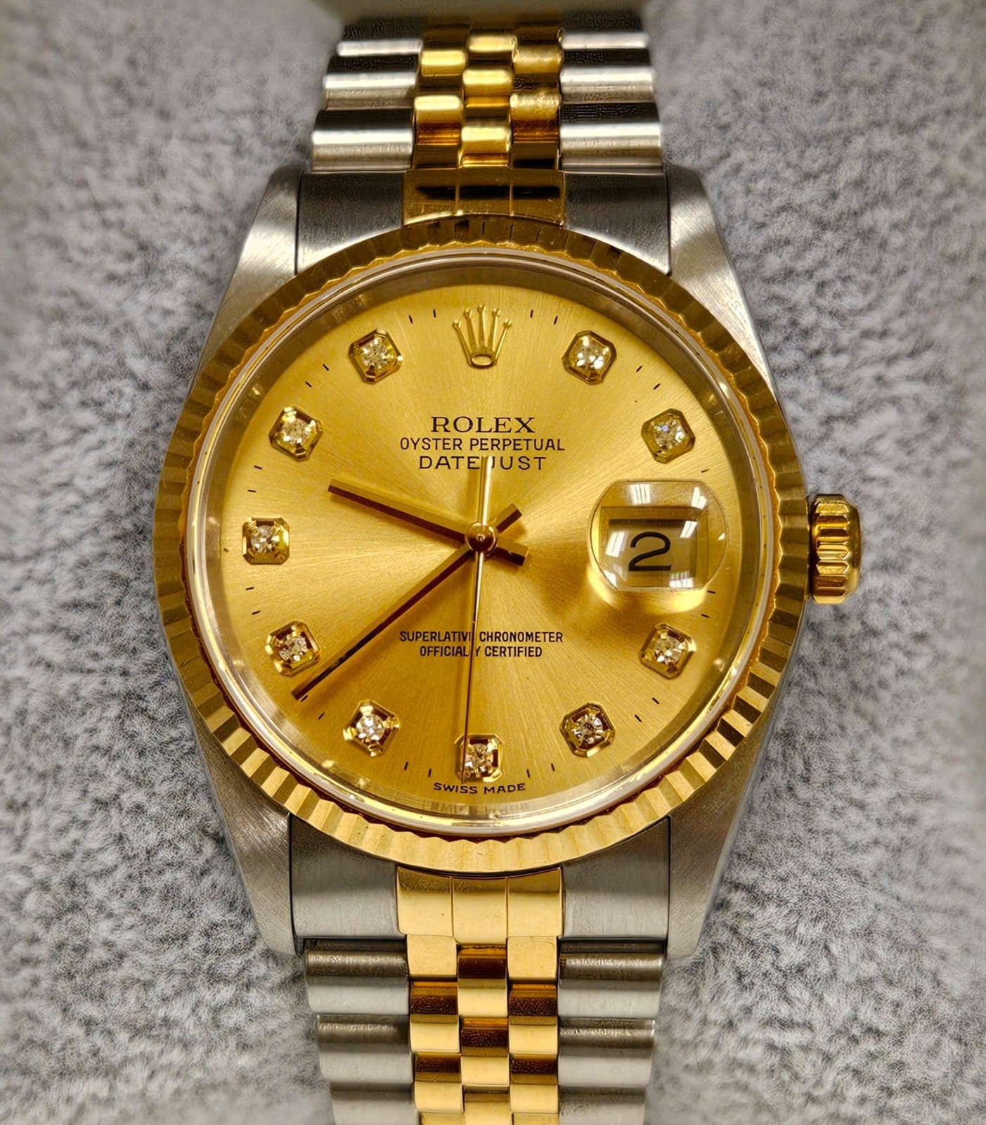 Rolex Mens Datejust 16233 18K Y Gold & SS 2 Tone Factory Diamond Dial Jubilee