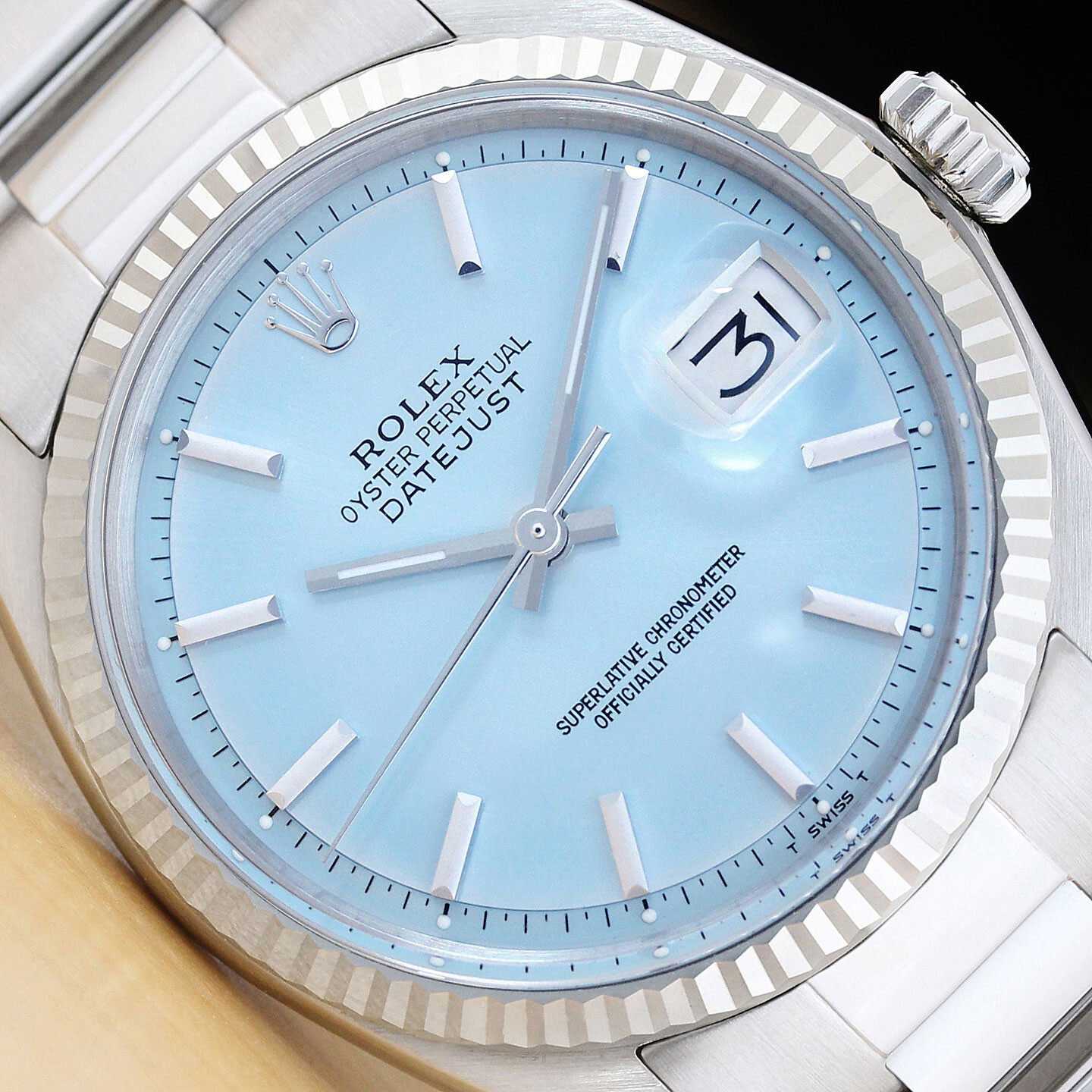 ROLEX MENS DATEJUST ICE BLUE DIAL 18K WHITE GOLD STEEL WATCH w/ OYSTER BAND