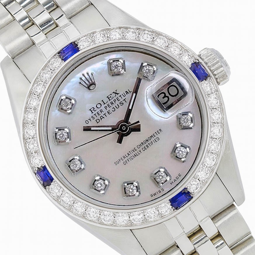 Rolex Ladies Datejust Stainless Steel White MOP Diamond-Sapphire Bezel Watch