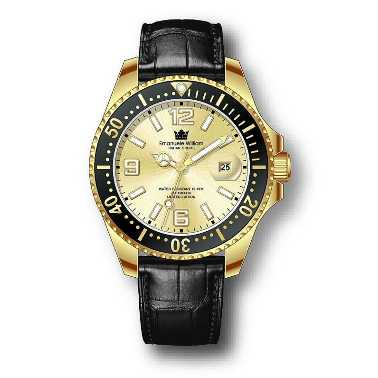 Orologio Oro Automatico Subacqueo lancette luminose pelle Edizione Limitata 100p