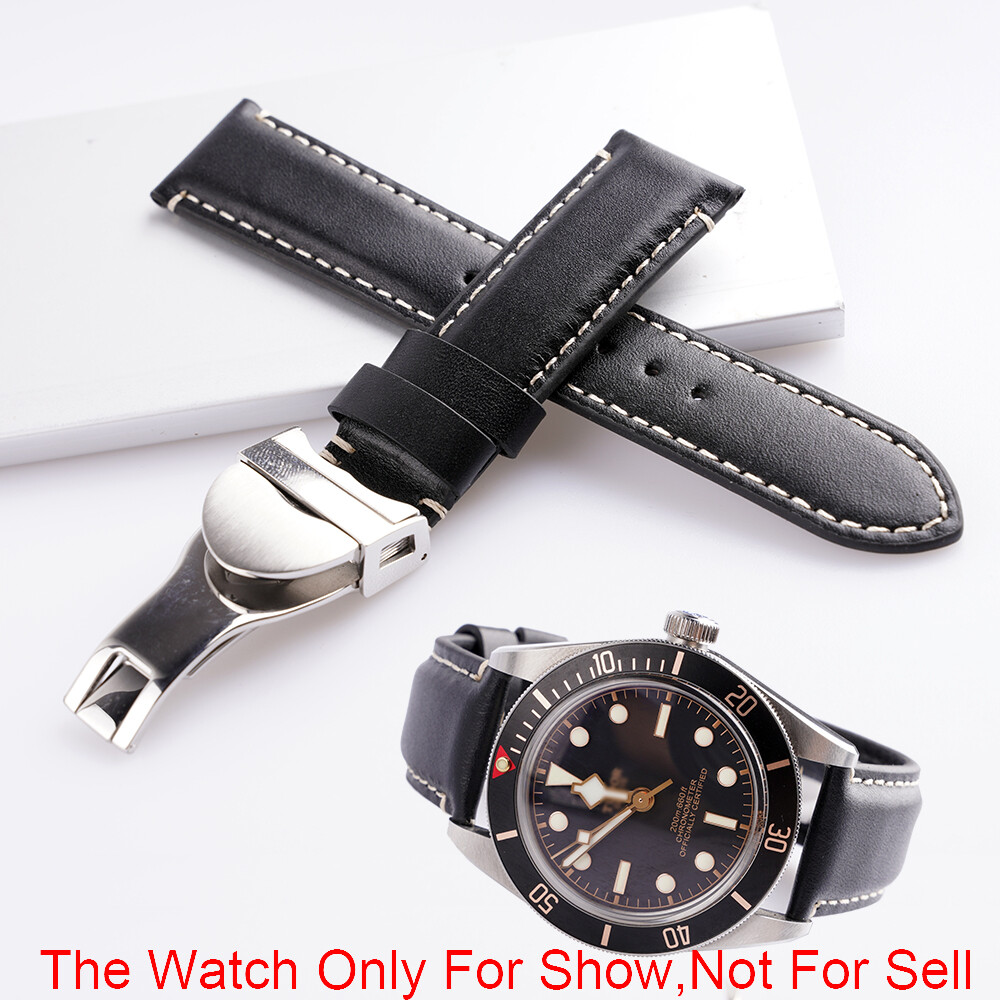 For Seiko Tudor Black Bay 22mm Black Leather Wrist Watch Band With Silver Clasp