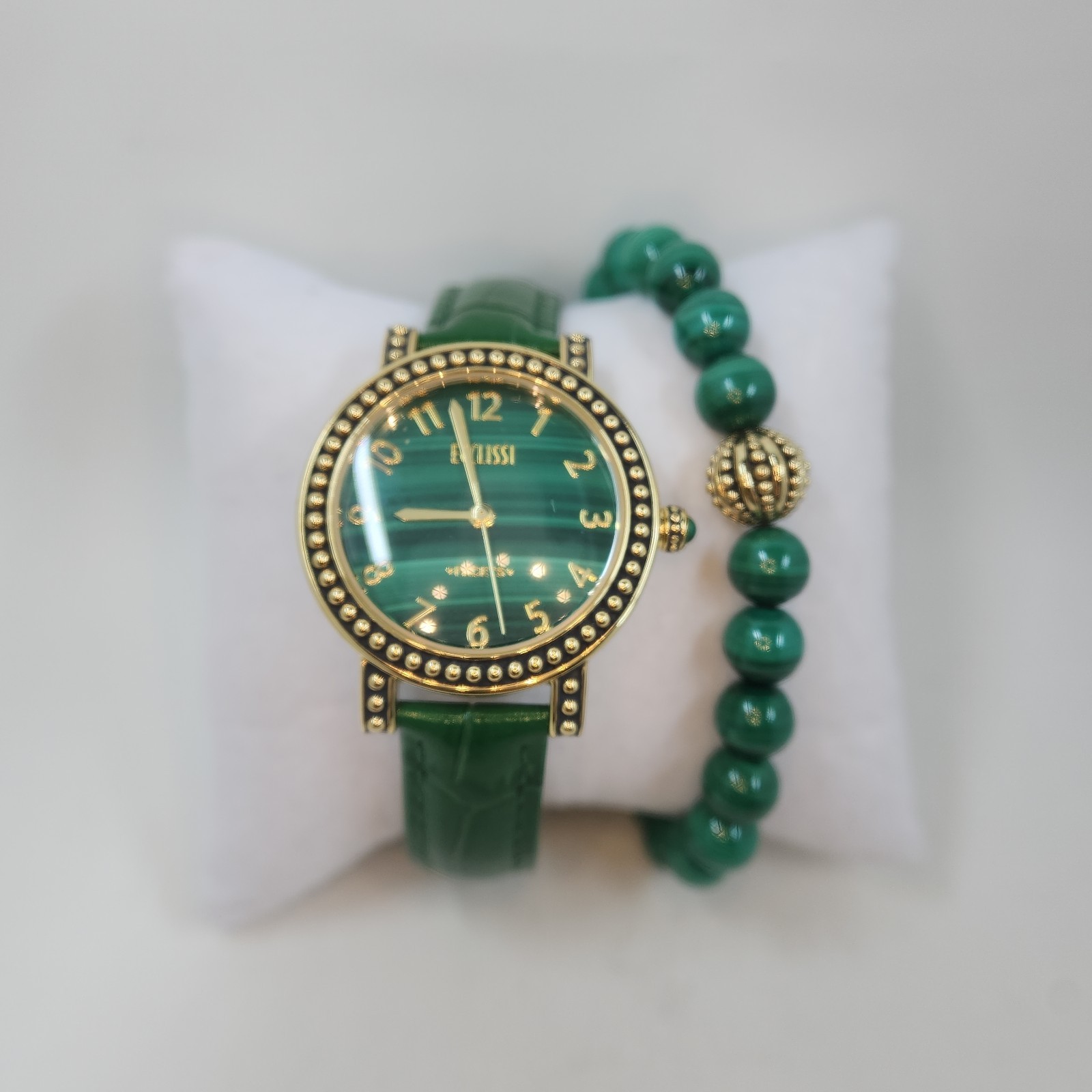 Ecclissi Malachite Gemstone Leather Watch w/ Stretch Bracelet, Average